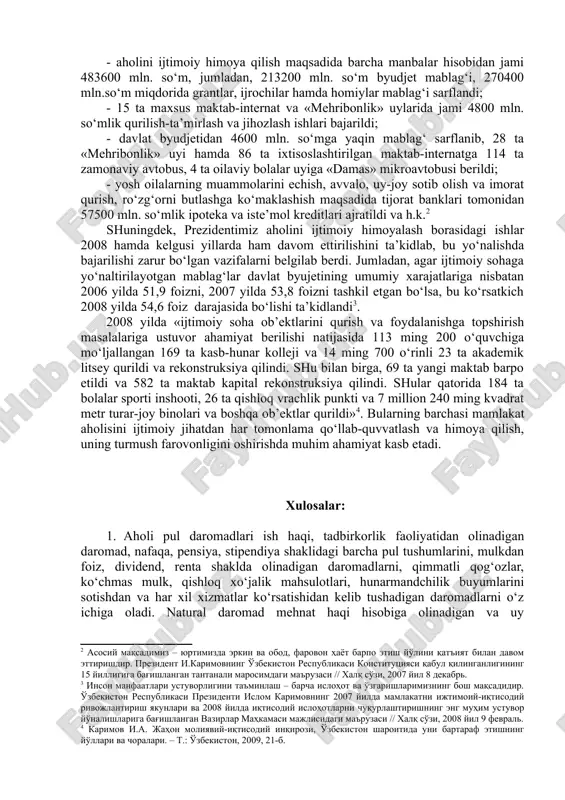 vofiq, 2007 yilda ish haqi, pensiya, stipendiya va nafaqalar miqdori 1,5 barobar ko‘paytirildi. 2007 yilning dekabrida o‘rtacha oylik ish haqi, xo‘jalik sub’ektlari va byudjet sohalarini hisobga olganda, 210 aqsh dollari miqdoriga teng, 2008 yilda esa 300 aqsh dollaridan ortiq bo‘ldi. 2006 yildan boshlab umumta’lim maktablari o‘qituvchilari va shifokorlar mehnatiga haq to‘lashning yanada takomillashtirilgan tizimi joriy etildi. natijada keyingi ikki yilda ularning ish haqi miqdori tegishli ravishda 2,8 va 2,7 barobar oshirildi. mamlakatimiz aholisi pul daromadlarining oshib borishi o‘z navbatida ular turmush sharoiti va sifatining bosqichma-bosqich yaxshilanib borishiga zamin yaratmoqda. bu esa, o‘tgan davrda qator ijobiy o‘zgarishlarni qo‘lga kiritish imkonini berdi. jumladan: - qoraqalpog‘iston respublikasi, xorazm viloyati, samarqand va buxoro, guliston, jizzax va qarshi shaharlarida aholini sifatli ichimlik suvi bilan ta’minlashni yaxshilash bo‘yicha yirik investitsion loyihalar amalga oshirildi; - qishloq joylarda 1,6 ming kilometrdan ortiq suv quvurlari va 710 kilometr gaz tarmoqlari foydalanishga topshirildi; - aholini ichimlik suvi bilan ta’minlash 84 …