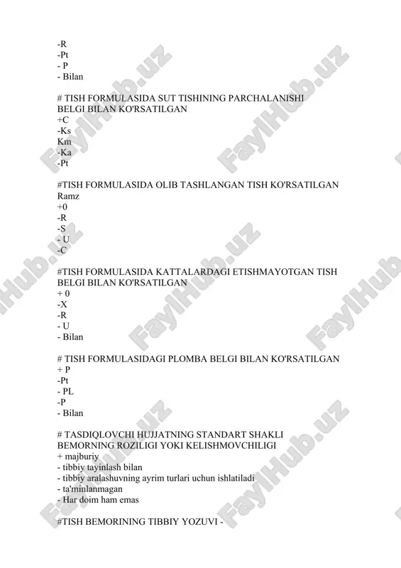 y shakli) # tashxis va keyingi barcha tibbiy bo'limlar tish bemorining kartalari (№043 / y shakl) to'ldirilgan + davolovchi shifokor - hamshira - ro'yxatga oluvchi - bo'lim mudiri - barcha javoblar to'g'ri #rentgen apparati o'rnatilishi mumkin maydoni kamida (kv.m)bo'lishi kerak bo'lgan alohida xona + 6 -8 -9 -11 -14 #bemorni tekshirish uchun asosiy vositalar: - periodontal zond - krampon qisqichlari - lift - shtopfer + oyna #tish oynasining maqsadi? - tishlarni tayyorlash uchun - tish konlarining mavjudligini tekshirish uchun - to'ldirish uchun qo'shimcha vosita - tish go'shtini tortib olish uchun +erishish qiyin bo'lgan joylarni ko'rib chiqish #tish cımbızlarının maqsadi: - labni tortib olish - plomba moddasining harakati - tishlarni tibbiy davolash - erishish qiyin bo'lgan joylarni ko'rib chiqish + tishning harakatlanish darajasini aniqlash uchun #tish probining maqsadi: - tish rangini aniqlash - tishlarning harakatchanligini aniqlash - tishlarni tibbiy davolash - tish konlarini olib tashlash uchun + kariyes bo'shliqlarini o'rganish #tish …