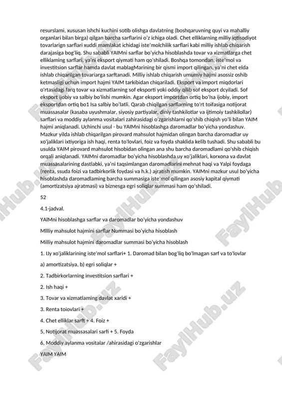 hqa qismini jamg'armaga yo'naltiradi. milliy mahsulot hajmining aniq baholanishiga hufyona iqtisodiyot ta’sir ko'rsatadi. xufyona iqtisodiyot - bu tovar-moddiy boyliklar va xizmatlarning jamiyat tomonidan nazorat qilinmaydigan harakati, ya’ni davlat boshqaruv organlaridan yashirin holda alohida fijqarolar va ijtimoiy guruhlar o‘rtasida amalga oshiriluvchi ijtimoiy-iqtisodiy munosabatlardir. bu munosabatlar o‘z ichiga iqtisodiy faoliyatning barcha hisobga olinmagan, tartibga solinmagan turlarini oladi. xufyona iqtisodiyot tarkibiga qo'yidagilar kiradi: 1) jinoyatgn aloqador iqtisodiyot - rasmiy iqtisodiyot tarkibiga iqtisodiy jinoyatning kiritilishi (boyliklarning talon-taroj qilinishi; nazoratning har qanday shaklidan yashiringan holdagi hufyona iqtisodiy faoliyat - narkobiznes, qimor o‘yinlari, fohishabozlik; daromadlarni noiqtisodiy qayta taqsimlash shakli sifatidagi fuqarolaraing shaxsiy mulkiga qarshi umumjinoiy harakatlar - bosqinchilik, shaxsiy mulkni zo'rlik bilan tortib olish, o‘g‘irlash, reket); 2) soxta iqtisodiyot - hisobga olish va hisobotlaming amaldagi tizimiga soxta natijalarni haqiqiy natija sifatida kirituvchi rasmiy iqtisodiyot (qo‘shib yozishlar); 3) norasmiy iqtisodiyot - iqtisodiy sub’ektlar o‘rtasidagi norasmiy o‘zaro aloqalar tizimi bo‘lib, u mazkur sub’ektlar o‘rtasidagi shaxsiy munosabatlar va bevosita …