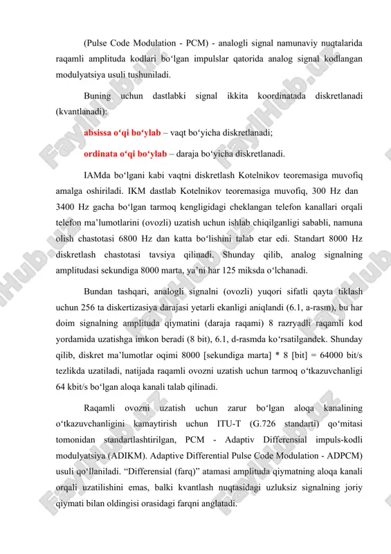 entsial kodlashda b modulyatsiya tezligi son jihatdan kanalning oʻtkazuvchanligi bilan bir xil boʻladi: b [bod]= c [bit/s]. masalan, tarmoqning oʻtkazish tezligi 10 mbit/s boʻlgan aloqa kanali uchun bit oraligʻining davomiyligi 100 ns, modulyatsiya darajasi esa 10 mbod qiymatga ega boʻladi. ikkilik ma’lumotlarni uzatish uchun quyidagi manipulyatsiya usullaridan foydalanish mumkin: amplitudali manipulyatsiya (amplitude shift keying, ask): “1” va “0” ni ifodalash uchun yuqori chastotali tashuvchi amplitudaning turli darajalari ishlatiladi (7.1, b-rasm); past chastotali shovqin xalaqitlari tufayli bu usul odatda boshqa usullar bilan birgalikda qoʻllaniladi, masalan, fazali manipulyatsiya; chastotali manipulyatsiya (frequency shift keying, fsk): “0” va “1” qiymatlari turli xil chastotali sinusoidlar tomonidan uzatiladi (7.1, d-rasm); ushbu usulni amalga oshirish oddiy va odatda past tezlikli modemlarda qoʻllaniladi; fazali manipulyatsiya (phase shift keying, psk): “0” va “1” qiymatlari bir xil chastotali va bir xil amplituda sinusoidlarga mos keladi, lekin boshqa fazaga ega, masalan 0 va 180 daraja (7.1-rasm, d). 7.1.-rasm. diskret ma’lumotlarni modulyatsiyalash …