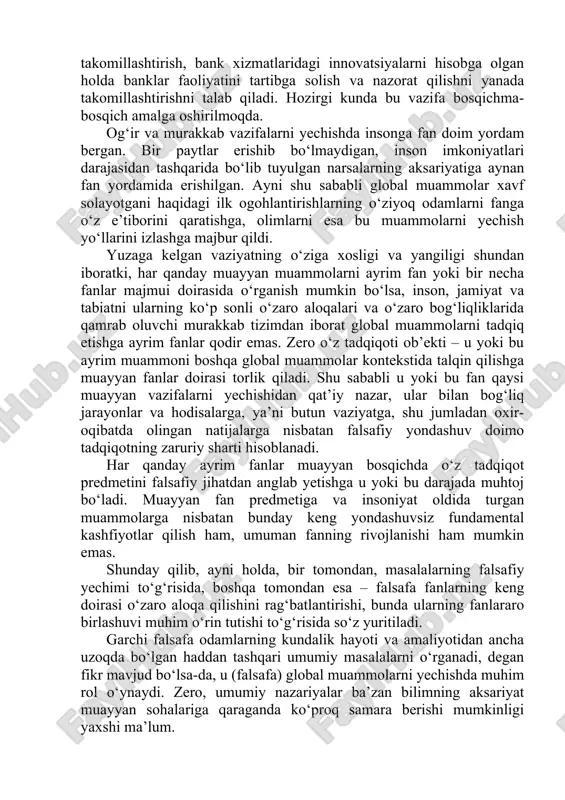 i. insonning atrof muhitga salbiy ta’siri aynan rivojlangan mamlakatlarda, asosan bu yerda jadal sur’atlarda va stixiyali tarzda rivojlangan iqtisodiyot bilan bog‘liq sabablarga ko‘ra oldinroq va bo‘rtibroq namoyon bo‘ldi. shu ma’noda 2008 yilda boshlanib, butun dunyoni larzaga solgan jahon moliyaviy-iqtisodiy inqirozi nafaqat rivojlangan sanoat mamlakatlari, balki rivojlanayotgan, ayniqsa bozor munosabatlari qaror topayotgan davlatlarda ham o‘z salbiy oqibatini o‘tkazmasdan qolmadi. ayni paytda global moliyaviy inqiroz jahon moliya bank tizimida jiddiy nuqsonlar mavjudligi va uni tubdan isloh qilishning zarurligini ko‘rsatib berdi. ushbu moliyaviy-iqtisodiy inqirozning har qanday davlatdagi miqyosi, ko‘lami va oqibatlari ko‘p jihatdan bir qator omillarga, xususan, mamlakat moliya valyuta tizimi nechog‘lik mustahkam ekanligi, milliy kredit institutlarining qay darajada kapitallashuvi va likvidligi, oltin valyuta zahirasining hajmi, xorijiy kreditlarni qaytarish qobiliyati, shuningdek, iqtisodiyotning barqarorlik, diversifikatsiya va raqobatbardoshlik darajasi bilan bog‘liq. darhaqiqat, i.a.karimov aytganlaridek ”mamlakatimizda jahon iqtisodiy inqirozining salbiy oqibatlarini bartaraf etish bo‘yicha 2009-2010 yillarga mo‘ljallab qabul qilingan inqirozga qarshi choralar dasturi o‘zbekistonni 2009 yilda …