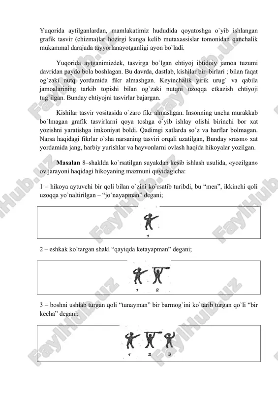 qqa etkazish ehtiyoji tug`ilgan. bunday ehtiyojni tasvirlar bajargan. kishilar tasvir vositasida o`zaro fikr almashgan. insonning uncha murakkab bo`lmagan grafik tasvirlarni qoya toshga o`yib ishlay olishi birinchi bor xat yozishni yaratishga imkoniyat boldi. qadimgi xatlarda so`z va harflar bolmagan. narsa haqidagi fikrlar o`sha narsaning tasviri orqali uzatilgan, bunday «rasm» xat yordamida jang, harbiy yurishlar va hayvonlarni ovlash haqida hikoyalar yozilgan. masalan 8–shaklda ko`rsatilgan suyakdan kesib ishlash usulida, «yozilgan» ov jarayoni haqidagi hikoyaning mazmuni quyidagicha: 1 – hikoya aytuvchi bir qoli bilan o`zini ko`rsatib turibdi, bu “men”, ikkinchi qoli uzoqqa yo`naltirilgan – “jo`nayapman” degani; 2 – eshkak ko`targan shakl “qayiqda ketayapman” degani; 3 – boshni ushlab turgan qoli “tunayman” bir barmog`ini ko`tarib turgan qo`li “bir kecha” degani; 4 –“orol o`rtasidagi o`tovda”, o`tov (koza, yashash joy) nuqta bilan tasvirlangan; 5 –“yurishni davom ettiraman”; 6 –“odam yashaydigan joyda” (yashash joyini ko`rsatadigan..nuqta yo`q); 7 –“u erda ikki kecha tunayman” (ikkita ko`tarilgan qol bosh yonida va …