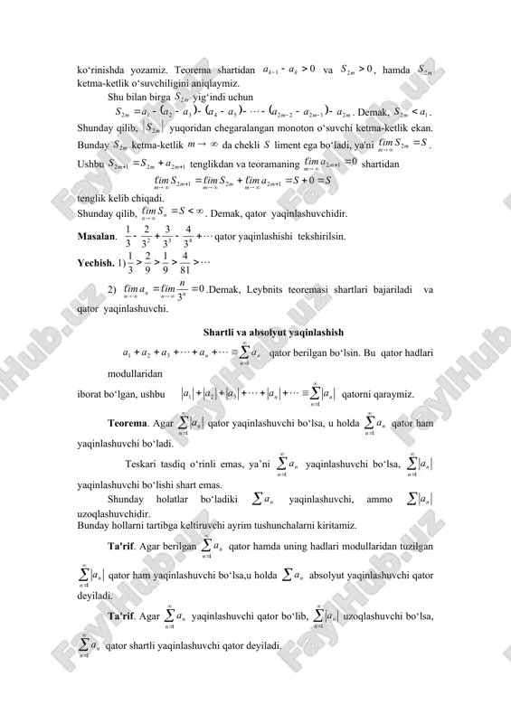 u holda yagona shunday son topiladiki, darajali qator ning tengsizlikni qanoatlantiruvchi qiymatlarida absolyut yaqinlashuvchi, ning tengsizlikni qanoatlantiruvchi qiymatlarida esa uzoqlashuvchi bo‘ladi. bu teorema yordamida topilgan soniga darajali qatorning yaqinlashish radiusi, interval esa uning yaqinlashish intervali deyiladi. qatorning berilishiga qarab chekln son yoki bo‘lishi mumkin. agar chekli son bo‘lsa, u holda darajali qatorning yaqinlashish radiusi yoki formula bilan aniqlanadi. umuman darajali qatorning yaqinlashish radiusi bilan belgilanadi . agar chekli son bo‘lsa, abel teoremasidan (8) darajali qatorning sohada yaqinlashishi kelib chiqsada, va da qatorning yaqinlashishi yoki uzoqlashishi ochiq qoladi. bu masala har bir darajali qator uchun alohida - alohida ko‘rib chiqiladi. masalan. qatorning yaqinlashish radiusi aniqlansin. yechish. berilgan qatorda .. darajali qatorlarni hadma-had differentsiallash va integrallash darajali qatorlar muhim amaliy xususiyatlarga ega. shu sababli, ularning ba'zi xossalarini o‘rganamiz. anglash qiyin emaski, darajali qator o‘zining yaqinlashish sohasida o‘zgaruvining funksiyasini aniqlaydi. bu funksiya yaqinlashish sohasida uzluksiz bo‘lib, istalgan tartibli uzluksiz hosilalarga egadir. shu bilan …