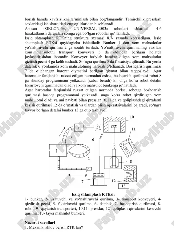 siyalarida ishlatiladigan rtk lar? 8. temirchilikda ishlatiladigan sanoat robotlari asosiy qo‘llanilish sohalari? 9. sovuq shtampovkada ishlatiladigan sanoat robotlarining xususiyatlari? 10. robotlashtirilgan sovuq shtamplash liniyasining sxemasi? 11. issiq shtamplash rtk lari? 12. termik ishlov berish rtk lari? 13. issiq shtamplash rtk si sxemasini keltiring? 14. shtamplash rtk sining tashkil etuvchi qismlari?