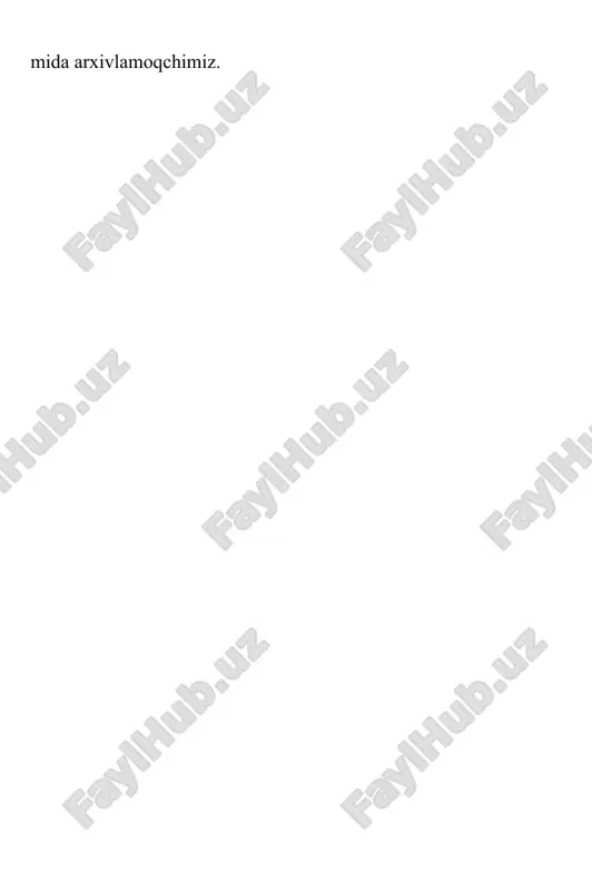 e, bz2, jar, iso) boshqaruvi? · yaxlit arxivlash, bunda siquv nisbati oddiy uslublarga qaraganda 10-50%ga oshadi, ayniqsa ko‘p sonli mayda va bir xildagi fayllarni si- qishda · ko‘p tomli arxivlar? · odatiy yoki tanlangan sfx modullar yordamida o‘zini-ajratuvchi (hamda ko‘p tomli) arxivlarni yaratish? · fizik zararlangan arxivlarni tuzatish? · ko‘p tomli arxivlarning yo‘qolgan tomlarini qayta quradigan tuza- tish tomlari? · fayl nomlarida unicode qo‘llash. fayllarni win rar qobiq uslubida arxivlash quyidagicha amalga oshiriladi. birinchidan, win rar ni oching. windows “start meny”dan ham ochish mumkin: “ programs”, keyin “ win rar “ga kirib “win rar”ni tanlab oching. win rar ochilganda joriy papkadagi fayllar va papkalar ro‘yxatini ko‘rsatadi. siz arxivlaydigan fayllar joylashgan papkaga borishingiz ke- rak. joriy diskni o‘zgartirish uchun ctrl +d ni bosing. kerakli fayllar mavjud papkaga kirgandan so‘ng, arxivlamoqchi bo‘lgan fayl va pap- kalarni tanlang. buni windows explorer yoki boshqa windows dasturlari- dagi kabi shift+ strelkalar yoki shift + sichqonning …