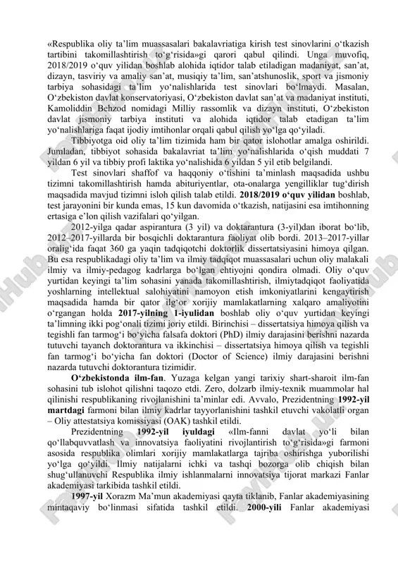 . ayni damda bog‘chaga borayotgan bolalar umumiy bolalar sonining 30% ni tashkil qiladi. oliy ta’lim va undan keyingi ta’limning takomillashtirilishi. 1992-yil martda viloyatlardagi pedagogika institutlari negizida andijon davlat universiteti, buxoro davlat universiteti, termiz davlat universiteti, urganch davlat universiteti, qarshi davlat universiteti tashkil qilindi. prezidentning 1992-yil fevraldagi farmoni bilan yana sakkizta viloyat pedagogika institutlariga universitet maqomi berildi. eng zamonaviy ixtisosliklar bo‘yicha alohida universitet va institutlar, jumladan, jahon iqtisodiyoti va diplomatiya universiteti, navoiy konmetallurgiya instituti, mudofaa vazirligi qoshida harbiy akademiya, ichki ishlar vazirligi qoshida ichki ishlar akademiyasi, bank-moliya akademiyasi kabi o‘nlab yangi oliy o‘quv yurtlari tashkil etildi. toshkent davlat elektrotexnika va aloqa texnikumi institutga aylantirildi. 1993-yil «o‘zbekistonda o‘quvchi-yoshlarni rag‘batlantirish choralari to‘g‘risida»gi talaba va aspirantlar uchun maxsus stipendiyalar belgilandi. mamlakat qishloq xo‘jaligi uchun zarur bo‘lgan va zamonaviy bilimlar sohibi bo‘lgan yuqori malakali oliy va o‘rta maxsus ta’lim olgan mutaxassis kadrlarni toshkent davlat agrar universiteti, andijon, samarqand qishloq xo‘jaligi, qarshi muhandislik iqtisodiyot, toshkent irrigatsiya …