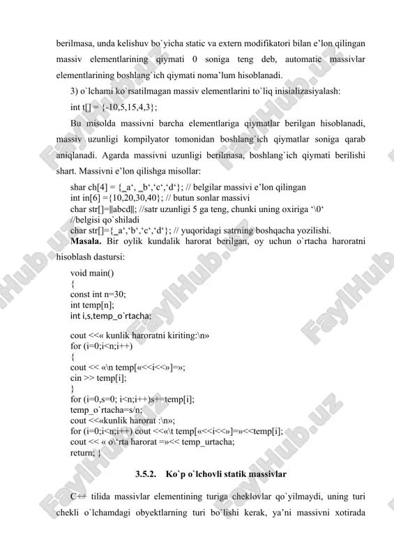 ning oxiriga ‘\0‘ //belgisi qo`shiladi char str[]={‗a‘,‘b‘,‘c‘,‘d‘}; // yuqoridagi satrning boshqacha yozilishi. masala. bir oylik kundalik harorat berilgan, oy uchun o`rtacha haroratni hisoblash dastursi: void main() { const int n=30; int temp[n]; int i,s,temp_o`rtacha; cout > temp[i]; } for (i=0,s=0; i [ ] [ ] masalan, 10 satr va 20 ustundan iborat haqiqiy sonlar massivini aniqlaylik: float a[10][20]; massiv elementlariga murojaat qilish uchun nomdan keyin kvadrat qavsda har bir o`lcham uchun indeks yozilishi kerak, masalan b[i][j][k]. bu elementga vositali murojaat ham qilish mumkin va uning variantlari: *(*(*(b+i)+j)+k) yoki *(*(b[i]+j)+k) yoki *(b[i][j] +k); 3.5.3. dinamik massivlar bilan ishlash statistik massivlarning kamchiliklari shundaki, ularning uzunligi oldindan ma’lum bo`lishi kerak, undan tashqari uzunlik berilganlarga ajratilgan xotiraning o`lchami bilan chegaralangan. ikkinchi tomondan, yetarlicha katta o`lchamdagi massiv e’lon qilib, konkret masala yechilishida ajratilgan xotira to`liq ishlatimasligi mumkin. bu kamchiliklarni dinamik massivlar foydalanish orqali bartaraf etiladi. ikki o`lchovlik dinamik massivni tashkil qilish uchun uni quyidagicha e’lon …
