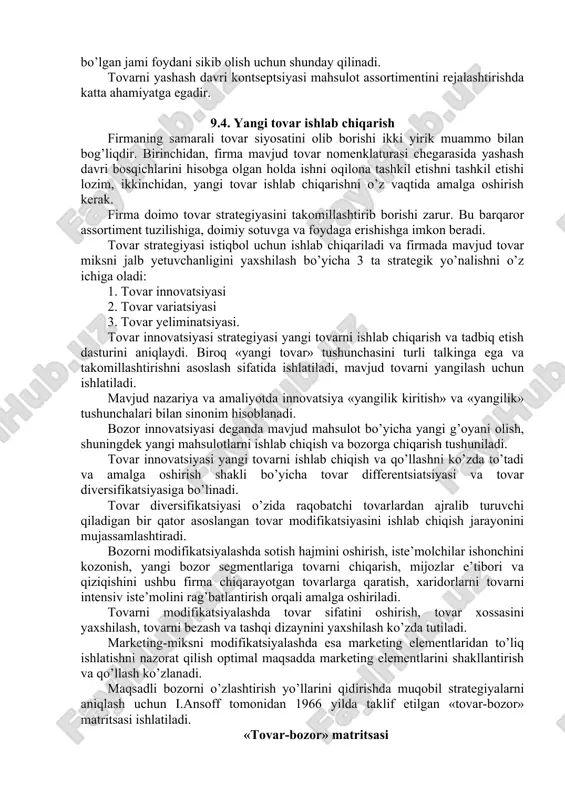 shash davri bosqichlarini aniqlashning asosiy mezoni mahsulot sotish hajmi va foyda normasi dinamikasidir. mahsulot ishlab chiqarish (ittki) bosqichi tovarni barcha hayotiy davrida muhim bosqich bo’lib hisoblanadi. mahsulot ishlab chiqarish qancha samarali amalga oshirilsa, ya’ni loyihalashtirilayotgan tovar bo’yicha bozor talabi va xaridor ehtiyojini firma vaqt bo’yicha tezroq hisobga olsa, ushbu bosqichda xarajatlar shuncha kam bo’ladi. firma yangi tovar bilan bozorga tezroq chiqadi va zarur foydani oladi. kirib kelish bosqichida sotish hajmining g’oyat keskin o’sishi bilan ajralib turadi. bozor mahsulotni hali qabul qilmagan narxlar nisbatan yuqori bo’ladi. savdo yuqori daromadli guruhlarga mo’ljallanadi. raqobatchilar umuman oz. shunday qilib bu davr kapital sarflar davri hisoblanadi, sarflar keyinchalik foyda keltirishi mumkin, yoki mahsulot ishlab chiqarishdan voz kechiladigan bo’lsa, ular to’liq xarajatlar hisobiga o’tkaziladi, ya’ni hisobdan uchiriladi. o’sish davrida tovar sotish hajmi usib boradi- iste’molchilar mahsulotni qabul qilgan va unga bo’lgan talab ta’minlangan bo’ladi. har qanday mahsulot bu bosqichga yetib kelmaydi: ko’plari bozorga kirib kelish davridaek …