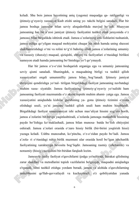 di, harakat qilishning zarur shakllari va metodlarini topish vazifalarini belgilaydi, maqsadni aniqlashga o'rgatadi, ishni tashkil etishga yordam beradi, jamoa va alohida o'quvchilarning tashabbusini qo'llab-quvvatlaydi va kuchaytiradi, o'z qobiliyatidan yanada yaxshiroq foydalanish imkoniyatlari haqida maslahat beradi, o'quvchilar va jamoaning axloqiy jihatdan rivojlanishini kuzatadi, tartibga soladi. jamoa xususiyatini aniqlashda kishilar guruhining ya- gona ijtimoiy tizimini o‘rnata olishdagi usuli, ya’ni jamoani tashkil qilish usuli ham muhim hisoblandi. birgalikdagi faoliyat umumjamiyat ishi uchun mas’uliyat hissini uyg‘ota borib, jamoa a’zolarini bir-biriga yaqinlashtiradi, a’zolarda jamoaga mansublik hissining paydo bo‘lishiga ko‘maklashadi, jamoa bilan munosa- batda bo‘lish ehtiyojini oshiradi. jamoa a’zolari orasida o‘zaro hissiy birlik (bir-birini yoqtirish hissi) yuzaga keladi. ushbu munosabat, ko‘pincha, o‘z-o‘zidan paydo bo‘ladi. jamoa a’zola- ri o‘rtasidagi ruhiy birlik mazmuni ular orasida hosil bo‘lgan ishchanlik faoliyatining xarakteriga bevosita bog‘liqdir. jamoaning rasmiy (ishchanlik) va norasmiy (hissiy) tuzilishini bir-biridan farqlash lozim. pedagogikada rivojlanish va tarbiyaning o‘zaro bog‘liqligi muhim muammolardan bo‘lib, u ko‘p munozaralarga sabab bo‘ladi. shaxsning rivojlanishi …