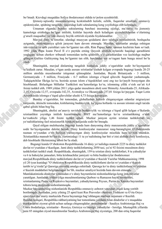 n jamoatchilikning bexabar qolishini keltirib chiqarmoqda. ugandadagi "oxirat kuni" sektasi boshliqlarining faoliyati bunga misol bo‘ladi. oxiratni 1999 yilning 31 dekabriga "belgilagan" ushbu sekta rahbarlari o‘z tarafdorlarini mol-mulklarini sotish, tushgan mablag‘ni ularga berishga va shu yo‘l bilan gunohlardan forig‘ bo‘lishga chaqirgan. qiyomatning 2001 yil 1 yanvarga "ko‘chirilishi" sekta rahbarlariga nisbatan shubha uyg‘onishiga olib kelgan. shundan so‘ng rahbarlar kanungu qishlog‘ida 500 dan ortiq o‘z tarafdorlarini aldab bir joyga to‘plab, ustlaridan yopib binoga o‘t qo‘yib yuborishgan. ommaviy axborot vositalari xabarlariga ko‘ra, tezkor tadbirlarni o‘tkazgan politsiya yana to‘rt joyda ommaviy qabrlarni topgan. umuman bu sektaning qurbonlari 1000 ortiq bo‘lgani qayd qilingan. jahon xristianlarini birlashtirish yo‘lidagi muqaddas ruh assosiasiyasi (assosiasiya svyatogo duxa za ob’edinenie mirovogo xristianstva (asd-omx) bo‘lib, mun san men birlashtirish cherkovi, birlashtirish harakati, munchilar (munistb) kabi nomlar bilan ham ataladi. tarixi: bch asoschisi sun myung men 1920 yilda shimoliy koreyada mahalliy presviterian cherkoviga e’tiqod qiluvchi dehqon oilasida tug‘ilgan. maktabda o‘qish davrida u pyatidesyatniklar …
