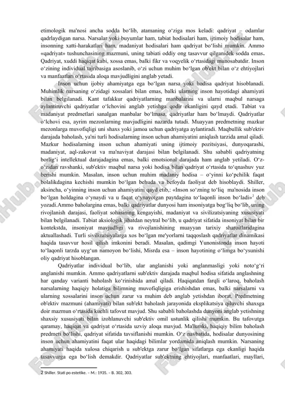 ‘rinishida amalga oshirilishi mumkin. birinchi holda predmet haqidagi bilim uning haqiqiyligi yoki soxtaligi nuqtai nazaridan, ikkinchi holda – predmetning qimmati, ya'ni uning inson uchun ahamiyati nuqtai nazaridan tavsiflanadi. xo‘sh aksiologiya nimani o‘rganadi? aksiologiya – falsafaning qadriyatlarni o‘rganish bilan shug‘ullanuvchi alohida bo‘limi (yunon. axios - qadriyatlar, logos – bilim: qadriyatlar haqidagi fan). qadriyatlar ulkan falsafiy ahamiyatga ega. qadriyatlar tushunchasi insonning dunyoga bo‘lgan munosabatining alohida jihatini namoyon etadi. ular inson faoliyati, jamiyat va madaniyatning o‘ziga xos xususiyatlarini yanada teranroq anglab yetish imkonini beradi. qadriyatlar inson va jamiyat hayotida muhim o‘rin egallaydi, chunki insonning hayot tarzini, uning hayvonot dunyosidan ajralish darajasini aynan qadriyatlar tavsiflaydi. qadriyatlar shaxsning hayot faoliyatida fundamental ahamiyat kasb etadi. qadriyatlar odamlarni jipslashtirish, ularni hamjamiyatlarga birlashtirishning muhim omili hisoblanadi. umumiy qadriyatlarning mavjudligi fuqarolar, ijtimoiy birliklar va guruhlarning tinch-totuvligini ta'minlaydi. qadriyatlar muammosi jamiyat rivojlanishining o‘tish davrlarida, tub ijtimoiy o‘zgarishlar jamiyatda mavjud bo‘lgan qadriyatlar tizimlarida o‘zgarishlar yasab, odamlarni yo o‘zlari ko‘nikkan eski qadriyatlarni …