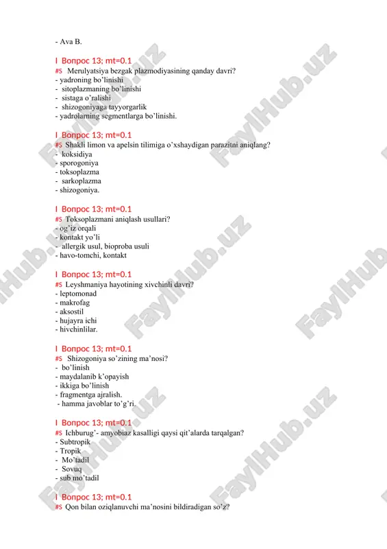 r topgan? - n.a. chapurskaya, bajonova - kyeller va manso - leytman va nikol - nikol va manso - mendel i vopros 13; mt=0.1 #s toksoplazma qaysi turkumga kiradi? - taksoplazma - sporongiya - koksidiya - parazitlar i vopros 13; mt=0.1 #s toksoplazmalar qaysi yo’l bilan onadan yo’ldosh orqali bolaga yuqadi? - transplansentar - kontakt - og’iz orqali - havo- tomchi orqali - parental i vopros 13; mt=0.1 #s odamlar orasida necha % gacha toksoplazmalarni tashuvchilari bor? - 50% - 30% - 80% - 40% - 55% i vopros 13; mt=0.1 #s toksoplazmani aniqlash usullari? - kontakt peros - havo-tomchi - bioproba, allergik proba - transplansentar peros - parental i vopros 13; mt=0.1 #s toksoplazmoz bilan og’rigan bemorlarni taksoplazmaga nisbatan o’ta sezgirlik hosil qilishga asoslangan usul? - biosinov - komplement bog’lash - allergik proba - transplatsentar - parental i vopros 13; mt=0.1 #s sarkodalilarning o’ziga xos belgisini toping? - chuchuk …