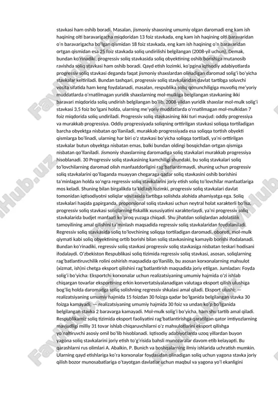 liq munosabatlarida soliq subyekti sifatida ishtirok etadi. soliq bazasi — soliq obyektining soliq stavkasi qo‘llaniladigan miqdori. hisoblanadigan soliq miqdori nafaqat soliq stavkalarining miqdoriga, shu bilan birgalikda soliq stavkasi qo‘llaniladigan obyektning miqdoriga ham bog‘liq. soliq bazasining miqdori qonunchilikda soliqqa tortilishi lozim bo‘lgan soliq obyektidan ruxsat etiladigan chegirmalarga bog‘liq ravishda o‘zgarib turishi mumkin. soliq bazasini soliq to‘lovchilarning mazkur toifasiga taqdim etiladigan soliq imtiyozlariga muvofiq ravishda kamaytirishga ruxsat etiladi. shu o‘rinda ta’kidlash joizki, soliq bazasi soliq obyektidan katta yoki kichik bo‘lishi mumkin. masalan, soliq to‘lovchiga soliqdan imtiyozlar ko‘zda tutilgan bo‘lsa, bunday sharoitda soliq bazasi soliq obyektidan 25 kichik, soliq obyekti qonunchilik bilan kengaytiriladigan bo‘lsa undan katta bo‘lishi mumkin. soliqqa tortish birligi — bu obyektning o‘lchov birligi. masalan, daromad yoki mol-mulk solig‘ida obyektning o‘lchov birligi bo‘lib uning so‘mdagi bahosi ifodalansa, yer solig‘ida o‘lchov birligi bo‘lib kv. m yoki gektar hisoblanadi. soliq stavkasi — obyektning har bir birligi uchun davlat tomonidan belgilab qo‘yilgan me’yordir. soliq …
