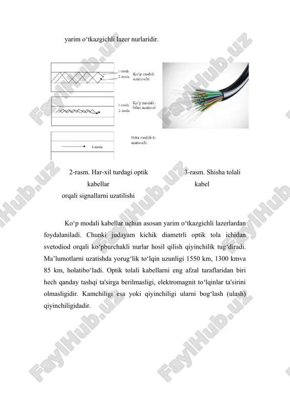 olalar turi qoʻllanilgan. ushbu turdagikabellarda tolalarning soni 24 tagacha boʻladi. kabel diametri 7.6 mm, ogʻirligi 55 kg/km, tortilish kuchi 80 kg*s(kg*kuch). mumkin boʻlgan egilish radiusi 150 mm. shuningdek, a-vb(bn)h 1x24 rusumli kabellardan xam foydalaniladi. bu kabellar kirishlarda qoʻllaniladi. bitta modulda tashqi qobigʻi jips (zich) joylashtirilgan optic tolalari boʻlib, ularni diametri 900 mkm gacha boʻladi (12.6-rasm). 5-rasm. a-dq(bn)h 1x12 rusumli kabel 6-rasm. a-vb(bn)h 1x24 rusumli kabel kabel himoya qobigʻi kuchaytirilgan 24 tatolali modul 1 ga, stekloplastikdan qilingan qattiqlovchi element 2, yongʻindan himoyalaydigan qobiq 3, suv qochiradigan qobiq 4 ga ega. kabel rusumi quyidagicha sharhlanadi: a – tashqi yotqazish kabeli; v – bir modulli konstruksiya; b – himoya qobig`i kuchaytirilgan tolalar; (bn) – stekloplastikli qattiqlovchi element; n – galogensiz qobiq; 1x24 – 24 tolali bitta modul. tolalar turi yuqorida qayd etilgan konstruksiyalarga oʻxshaydi. tolalarning maksimal soni 24 ta boʻlishi mumkin. kabel diametri 9.2 mm, vazni 78 kg/km, tortilish kuchi 110 kg*kuchdan kam …