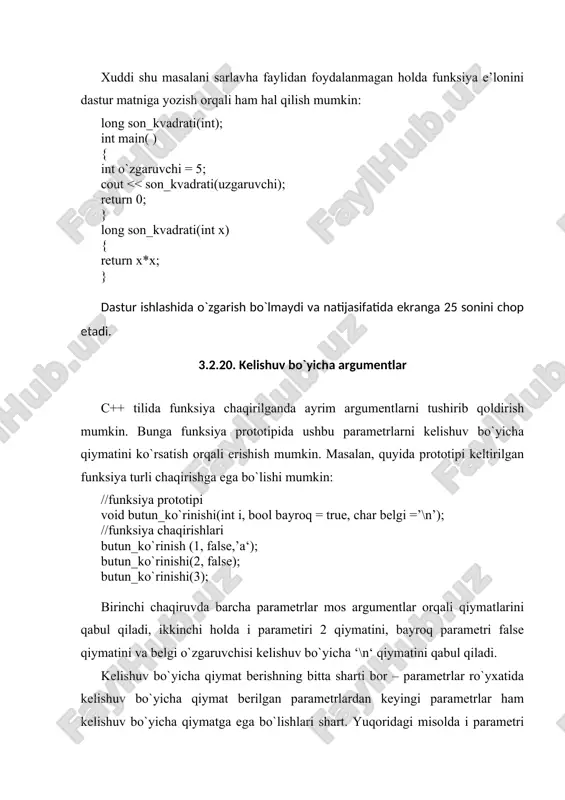 (shart operatorining rost shoxi). har bir rekursiv murojaat qo`shimcha xotira talab qiladi – dasturning lokal obyektlari (o`zgaruvchilari) uchun har bir murojaatda stek deb nomlanuvchi xotira segmentidan yangidan joy ajratiladi. masalan, rekursiv funksiyaga 100 marta murojaat bo`lsa, jami 100 lokal obyektlarning majmuasi uchun joyajratiladi. shu sababli juda ko`p rekursiya bo`lganda, stek o`lchami cheklanganligi sababli (real rejimda 64 kb o`lchamgacha) u to`lib ketishi mumkin va bu holda dastur o`z ishini «stek to`lib ketdi» xabari bilan to`xtatadi. rekursiya chiroyli, ixcham ko`ringani bilan xotirani tejash va hisoblash vaqtini qisqartirish nuqtayi-nazaridan imkon qadar uni iterativ hisoblash bilan almashtirilgani ma’qul hisoblanadi. masalan, x-haqiqiy sonini n butun darajasini hisoblashni quyidagi yechim varianti nisbatan kam resurs talab qiladi: double butun_daraja(double x, int n) { double p=1; for (int i=1; i int max(int, int); char max(char, char); float max(float, float) int max(int, int, int); void main() { int a,int b, char c, char d,int k,float x,y; cin >> a>>b>>k>>c>>d>>x>>y; …