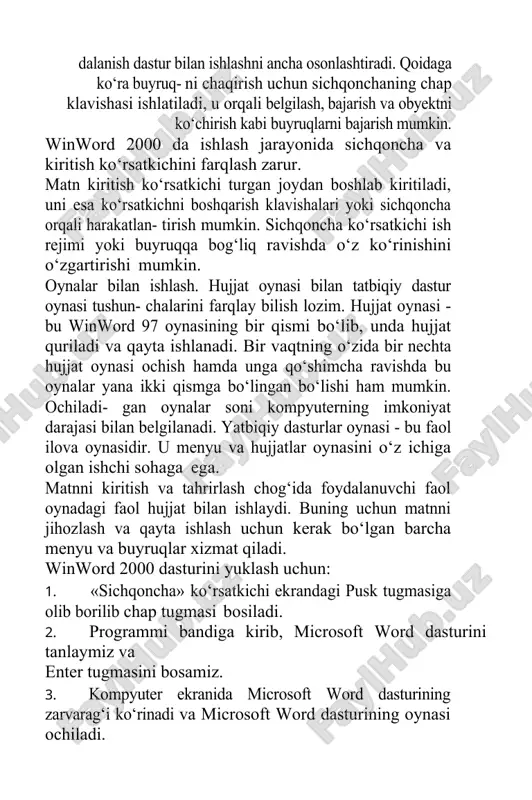ovalarning piktogrammalari doimo ko‘rinib turadi, shuning uchun ulardan ixtiyoriysiga sichqoncha yordamida o‘tish mumkin. windows 98 masalalar paneli sarlavha satrida tatbiqiy dasturning nomi joylashadi. agar hujjat oynasi to‘la oyna holatiga keltirilgan bo‘lsa, u holda sar- lavha satrida ushbu hujjat nomi ham ko‘rsatiladi. boshqa hollarda hujjat windows operaısion sisıemasining amaliy dasıurlari ulardan foydalanish nomi mos oyna sarlavha satrida beriladi. agar yangi hujjatga nom berilma- gan bo‘lsa, u holda doimiy qabul qilingan birinchi hujjat uchun dokument 1, ikkinchisi uchun dokument 2 va hokazo nomlar beriladi. bundan tashqari, sarlavha satrining o‘ng burchagida oyna ko‘rinishini tanlash uchun uchta klavisha joylashgan. bulardan chapdan birinchisi oynani piktogrammaga aylantirish, ikkinchisi masalalar panelida joylashtirish, ya’ni to‘la oynaga yoki asl holiga keltirish va uchinchisi oynani yopish vazifalarini bajaradi. sarlavha satrini sichqoncha bilan ikki marta bossak, u holda oyna to‘liq bo‘lsa asl holiga va, aksincha, asl holida bo‘lsa to‘liq holga o‘tadi. asl holdagi oynani sarlavha satridan sichqoncha bilan ushlagan holda ekranning …