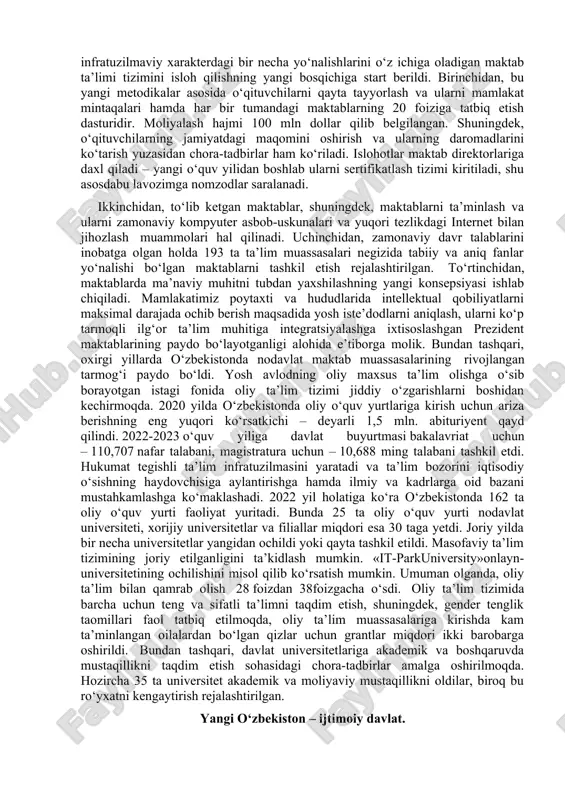 uchun dolzarb bo‘lgan suv resurslari, iqlim o‘zgarishlari, transport kommunikatsiyasi, kambag‘allik bilan kurashish, xavfsizlikni ta’minlash sohasidagi ko‘p tomonlama hamkorlikka ustunlik beruvchi masalalar va muammolar muhokama qilinadi. inson kapitaliga investitsiyalar – o’zbekistonda uchinchi renessansni shakllantirish uchun asos sifatida. islohotlarning inson tafakkurini o‘zgartirishga yo‘naltirilganligi ularning muhim tarkibiy qismi sifatida yuzaga chiqadi, chunki aynan ular yangi o‘zbekistonni yaratuvchilardir. insoniy kapital sifati – har qanday modernizaiya va iqtisodiy muvaffaqiyatning eng muhim poydevoridir. biroq buning ortida quruq formulalar va mulohazalar emas, balki, avvalo, asosida harakatlar strategiyasi quriladigan g‘oyalar turadi. o‘zbekiston respublikasi prezidentining “uchinchi renessans” g‘oyasi shunday g‘oya bo‘ladi. uning mohiyati shundan iboratki, u, bir tomondan, qachonlardir zamonaviy o‘zbekiston hududi o‘z bilimlarini boshqa sivilizatsiya va xalqlarga beradigan jahon ilmiy, madaniy va ma’naviy taraqqiyot markazi bo‘lganligi to‘g‘risidagi xotira yashaydigan o‘tmishga, ma’naviy-tarixiy ildizlarga, milliy o‘z-o‘zini anglash va madaniyatning chuqur qatlamlariga murojaat qiladi. bunday intellektual gullab-yashnash davrlari birinchi “ma’rifat” renessansi (ix-xii asrlar) va ikkinchi “temuriylar” renessansi (xiv-xv asrlar) bo‘lgan. boshqa …
