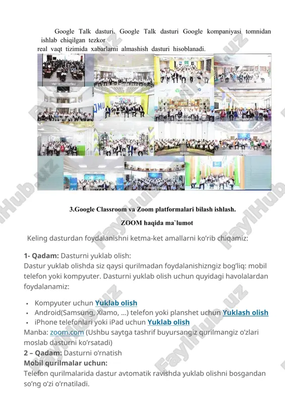 r yuklab olishda siz qaysi qurilmadan foydalanishizngiz bog’liq: mobil telefon yoki kompyuter. dasturni yuklab olish uchun quyidagi havolalardan foydalanamiz: · kompyuter uchun yuklab olish · android(samsung, xiamo, …) telefon yoki planshet uchun yuklash olish · iphone telefonlari yoki ipad uchun yuklab olish manba: zoom.com (ushbu saytga tashrif buyursangiz qurilmangiz o’zlari moslab dasturni ko’rsatadi) 2 – qadam: dasturni o’rnatish mobil qurilmalar uchun: telefon qurilmalarida dastur avtomatik ravishda yuklab olishni bosgandan so’ng o’zi o’rnatiladi. komputer uchun: yuklab olingan faylni ochamiz. 3 – qadam: ro’yhatdan o’tish yuqorida oynadan “sign in” tugmasini bosamiz: agar kompyuteringizda facebook yoki google profillarindan biri bo’lsa, sign in with google / facebook ni bosamiz. shu orqali kirish oson hech qanday login yoki parollarni yaratishga hojat yo’q va keyingi bosqichga o’tsangiz ham bo’ladi. agar ushbu profillaringiz bo’lmasa, “sign up free” tugmasini bosamiz. yoki quyidagi havolaga ham kirsa bo’ladi. ushbu oynadan so’ng tug’ilgan kuningiz va e-mail ma’lumotlaringizni kiritasiz. va e-mail aktivlash …