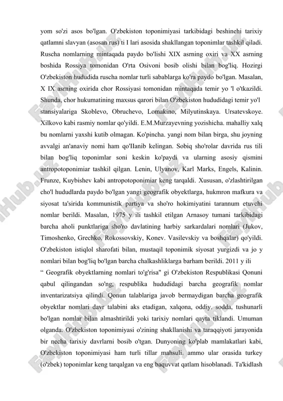 go'zal≫ degan ma'nolarni anglatuvchi saykan so'zi asos bo'lgan. keyinchalik geografik termin sifatida bu so'z o'zbek tiliga o'zlashgan va hozirda ≪katta≫. ≪tekis ochiq joy≫, ≪maydon≫ ma'nosini ifodalaydi. geografik nom sifatida tanilgan yom (dialektda join) so'zi ham mo'g'ul tilidan o'zlashgan. mutaxassislar yomchi. jom, jomboy, jombo'z, jombuloq kabi toponimlarni paydo bo'lishini yom so'zi bilan bog'liq deyishadi. y o 'l ma'nosidagi yom so'zi mo'g'ullardan turkiy tillarga o'tib. mo'g'ullar hukmronligi davrida o'rta osiyoda keng tarqalgan. yomlar chingiziylar davrida qurila boshlagan. keyinchalik yom so'zi ≪choparlar, yo'lovchilar qo'nadigan va ot almashtiradigan joy≫, ≪bekat≫ ma’nosini ifodalagan. yomda doim otlar shay turib, bir qancha kishi xizmat qilgan. ugedeyxon ko'plab yomlar qurdirganligi bilan faxrlanganligi ma’ lum. yom so'zi nafaqat turkiy tillarga balki slavyan, xususan, rus tiliga ham o'tgan. masalan. rus tilidagi ≪yamshik≫ so'ziga yom so'zi asos bo'lgan. o'zbekiston toponimiyasi tarkibidagi beshinehi tarixiy qatlamni slavyan (asosan rus) ti i lari asosida shakllangan toponimlar tashkil qiladi. ruscha nomlarning mintaqada paydo bo'lishi xix …