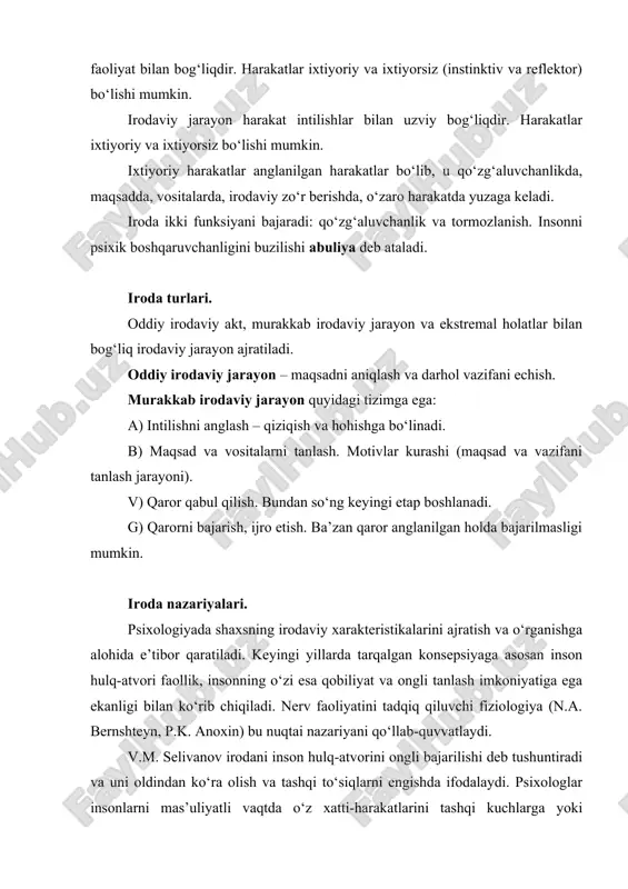oda nazariyalari. psixologiyada shaxsning irodaviy xarakteristikalarini ajratish va o‘rganishga alohida e’tibor qaratiladi. keyingi yillarda tarqalgan konsepsiyaga asosan inson hulq-atvori faollik, insonning o‘zi esa qobiliyat va ongli tanlash imkoniyatiga ega ekanligi bilan ko‘rib chiqiladi. nerv faoliyatini tadqiq qiluvchi fiziologiya (n.a. bernshteyn, p.k. anoxin) bu nuqtai nazariyani qo‘llab-quvvatlaydi. v.m. selivanov irodani inson hulq-atvorini ongli bajarilishi deb tushuntiradi va uni oldindan ko‘ra olish va tashqi to‘siqlarni engishda ifodalaydi. psixologlar insonlarni mas’uliyatli vaqtda o‘z xatti-harakatlarini tashqi kuchlarga yoki o‘zlariga bog‘lay olishlariga qarab ikki turga ajratadilar. bu jarayon «nazorat lokalizatsiyasi» deb ataladi. «nazorat lokusi» amerikalik psixolog yu. rotter tomonidan kiritilgan. nazoratning tashqi lokusida (eksternal) mas’uliyat tashqi sabablarga bog‘lanadi. masalan, vazifani bajarmadim, chunki qo‘shnilar chiqib qolishdi. nazoratning ichki lokusida (internal) mas’uliyat shaxsiy xatti-harakatlarda bog‘lanadi. masalan, unutib qo‘yish, diqqatsizlik, qobiliyatni sustligi. shunday insonlarning xususiyatlarini solishtiraylik. nazorat lokusiga bog‘liqligiga ko‘ra insonlar xususiyatlari tablitsasi nazoratning tashqi lokusi nazoratning ichki lotusi 1. shaxsiy imkoniyatlariga ishonchsizlik 1. o‘ziga ishonch 2. harakatda …