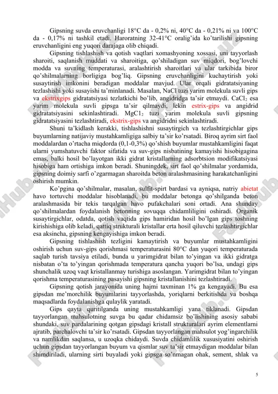 so’nuvchi (20 minutgacha) va sekin so’nuvchi (20 minutdan ko’p) xillarga bo’linadi. ayrim xollarda, ohakning so’nish vaqtini tezlatish maqsadida unga issiq suv qo’shiladi. ohak so’ndirilgandan so’ng u 1-2 kun tinch holatda saqlanishi lozim. oddiy ohak hamiri bilan tayyorlangan qurilish qorishmasining qotishi bir necha kun davom etsa, sunmagan ohak qorishmasi 30-60 minutda qotadi. bundan tashqari, so’ndirilmagan ohak kukuni kam suv talab etadi. shuning uchun so’ndirilmay tuyilgan ohak qorishmasining siqilishdagi mustahkamlik chegarasi, zichligi va chidamliligi so’ndirilgan ohaknikidan birmuncha ko’p bo’ladi. ohak qorishmasining qotishiga, asosan ikki omil, birinchidan uta to’yingan qorishmaning qotish jarayonida unda kalsiy gidroksidining ca(oh)2 kristall holda ajralishi hamda ikkinchidan havodagi karbonat angidrid gazi ta’sirida kalsiy korbanat caco3 va suv h2o ning hosil bo’lishi tao’sir ko’rsatadi: ca(oh)2+co2 = caco3 + h2o bu ikki jarayon barcha ohakli moddalarda ro’y berib, karbonlanish jarayoni deyiladi. karbonlanish jarayoni, asosan, qorishma qatlamining qalinligi va havodagi karbonat angidrid gazining miqdoriga bog’liq. shuning uchun ohakli qorishma bilan suvalgan devorda …