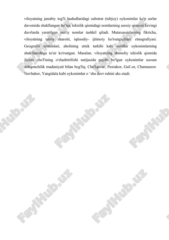 olgan. jizzax viloyati toponimiyasi. viloyatning ma'muriy-hududiy bo'linishi kesimida joy nomlari tahlil qilinganda tumanlar toponimiyasining shakllanishida ham leksik, ham semantic jihatdan muayyan tafovutlar borligi aniqlandi. masalan. zomin, yangiobod, baxmal tumanlari aholi punktlari nomlari tarkibida turkiy toponimlar bilan birga qadimiy sug'diy va eroniy substrat toponimlar ham uchraydi. g'allaorol, jizzax va forish tumanlari toponimiyasi tarkibida etnotoponimlar va joyning geografik xususiyatiga qarab nomlangan geografik obyektlar ko'proq. viloyatning shimoliy cho'l mintaqasidagi paxtakor, do'stlik, zafarobod, arnasov, mirzacho'l. zarbdor tumanlarining oykonimiyasi tarkibida antroponimlar va agroonimlar ko'pchilikni tashkil etadi. viloyatning janubiy tog'li qismida joylashgan qishloqlarda aholi qadimdan yashab kelgan, shimoliy cho'l hududlarida esa aholi punktlari asosan, jizzax cho'lining o'zlashtirilishi natijasida bunvod etilgan. shu sababdan viloyatning janubiy tog'li hududlaridagi substrat (tubjoy) oykonimlar ko'p asrlar davomida shakllangan bo'lsa, tekislik qismidagi nomlarning asosiy qismini kevingi davrlarda yaratilgan sun'iy nomlar tashkil qiladi. mutaxassislarning fikricha, viloyatning tabiiy sharoiti, iqtisodiy- ijtimoiy ko'rsatgichlari. etnografiyasi. geografik terminlari, aholining etnik tarkibi kabi omillar oykonimlarning shakllanishiga ta'sir ko'rsatgan. …