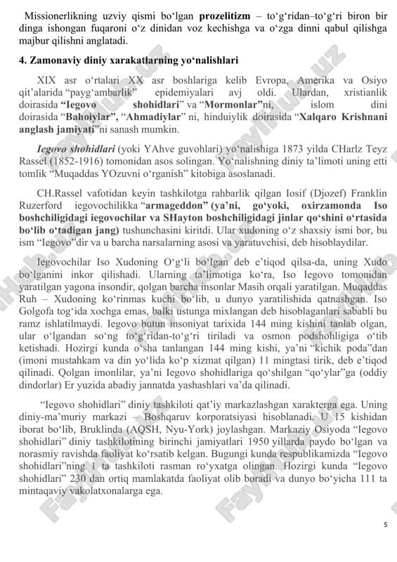 g hammasi qo‘poruvchilik harakatlaridir. o‘zbekiston respublikasida diniy ekstrimizm va terrorizm xavfini oldini olishning xuquqiy asosi sifatida “o‘zbekiston respublikasi konstitutsiyasi”ni, o‘zbekistonda 2000 yil 15 dekabrda qabul qilingan “terrorizmga qarshi kurash to‘g‘risida”gi qonunni, shuningdek, o‘zbeksiton respublikasi jinoyat kodeksini, o‘zbekiston respublikasining “vijdon erkinligi va diniy tashkilotlar to‘g‘risida”gi qonunini keltirib o‘tishimiz mumkin. o‘zbekiston evropa kengashi doirasida ham terorizmga qarshi 7 ta xalqaro shartnomani imzolagan. ta’sir ko‘rsatish metodlariga ko‘ra tasnif jismoniy zo‘ravonlikka yo‘naltirilgan terrorizm. ya’ni – ayrim shaxslar yoki butun bir guruhlarning hayotiga tajovuz qilish, ularga jismonan shikast etkazish, erkinligini cheklash; moddiy ob’ektlarni yakson qilish maqsadidagi terrorizm – davlat, jamoatchilik yoki xususiy shaxslarlarga tegishli binolarni ataylab yoqib yuborish yoki buzib tashlash; ruhiy-psixologik metodlar qo‘llaniladigan terrorizm – turli tahdidlar, shantaj, kuchini ko‘rsatish, ultimatumli talablarni o‘rtaga olib chiqish, odamlar orasida vahima uyg‘otuvchi shov-shuvlarni tarqatish va hk. umumiy tipologiyaga ko‘ra terrorizm turlari – xalqaro; – ichki siyosiy; – umumjinoiy xarakterdagi terrorizm. missionerlik so‘zi lotin tilidagi «missio» fe’lidan olingan …
