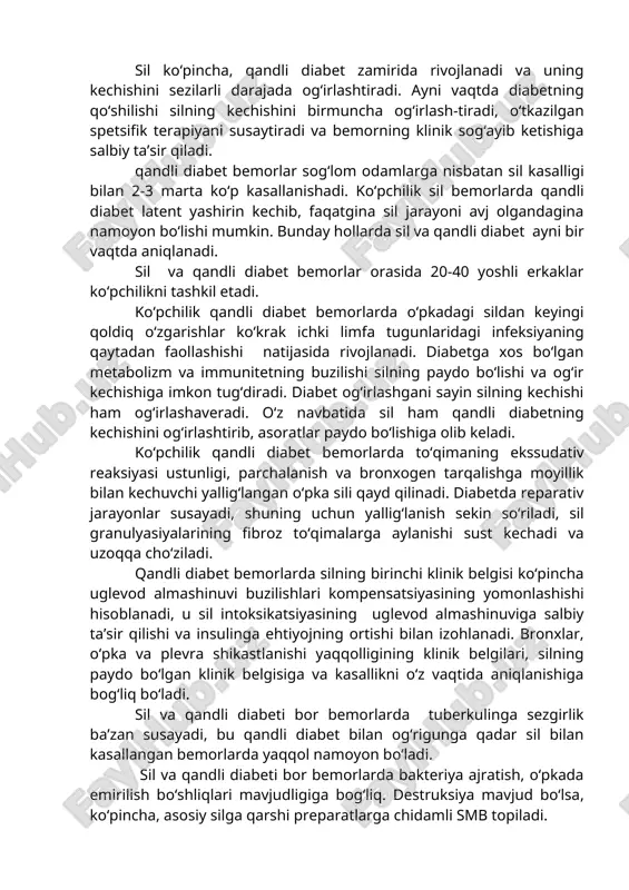 aniqlandi. shunday ekan, dekompensatsiyalangan qandli diabeti bor va sildan zaharlanish belgilari kuchli namoyon bo‘lgan bemorlarda nisbiy insulin etishmovchiligi va insulinrezistentlik yuqori bo‘ladi. shuning uchun, o‘pka sili va qandli diabet ii turi bor bo‘lgan bemorlarga periferik to‘qimalar insulinsezuvchanligini oshiruvchi peroral qand miqdoriini pasaytiruvchi vositalar bilan insulin qo‘llash tavsiya etiladi. shunday qilib, batafsil yig‘ilgan anamnez va klinik-rentgenologik ma’lumotlar qandli diabetni barvaqt gumon qilish hamda turini ajratishga, taklif qilinayotgan laborator usullar esa qandli diabetning dekompensatsiya darajasini aniqlashga imkon beradi. biz ishlab chiqqan klinik mezonlar va qandli diabetni aniqlashning optimal laborator-diagnostik usullari, o‘pka silining kimyoviy davosida gipoglikemik ta’sir etuvchi preparatlarni qo‘llagan holda, kimyoviy davo taktikasini to‘g‘ri tanlash, hamda qandli diabetni davolash usuliga insulinga bog‘liq bo‘lmagan qandli diabetning ilk bosqichlarida insulindavodan foydalanish, keyinchalik esa, tabletkali preparatlarga o‘tish imkonini beradi. sil ko‘pincha, qandli diabet zamirida rivojlanadi va uning kechishini sezilarli darajada og‘irlashtiradi. ayni vaqtda diabetning qo‘shilishi silning kechishini birmuncha og‘irlash-tiradi, o‘tkazilgan spetsifik terapiyani susaytiradi va bemorning …