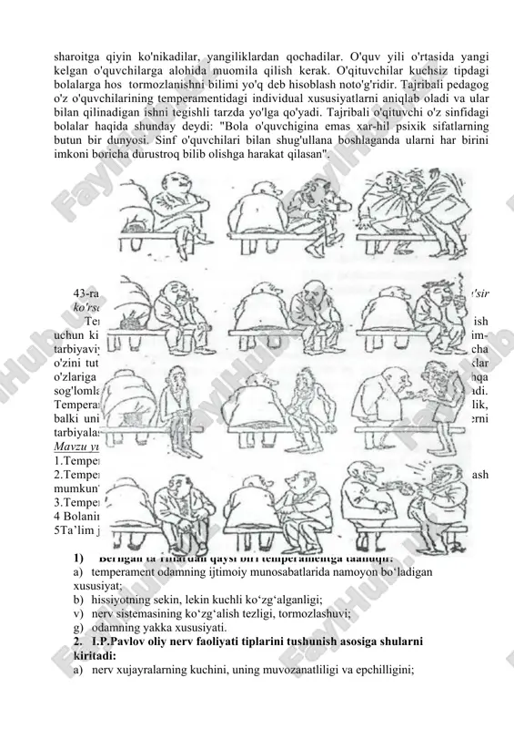 individual xususiyatlari tadqiqotlarda qarab chiqilgan biron-bir xususiyati emas, balki doimo ularning majmui bilan belgilanadi. ko'p sonli laborotoriya tajribalari ko'rsatadiki, shunday birikmalar orasida ayrimlari boshqalarga qaraganda ko'proq uchraydi yoki ancha yaqqol ko'rinadi. natijada pavlov oliy nerv faoliyatining asosiy tiplarini yaratdi. nerv jarayonlarining kuchiga bog'liq holda itlar kuchli va kuchsizlarga bo'linadi. kuchsiz jonivorlar - bir xil tipni tashkil qiladi, bu tipning vakillarida ikkala nerv jarayonida ayniqsa tormozlanish jarayoni ojiz hisoblanadi, bunday itlar basaronjom bo’lishadi to'xtovsiz angillayveradi yoki bamisoli bir xil holatda turaveradi. tashqi ta'sirlar xatto ba'zan arzimagan ta'sirlar ham ularga ortiqcha ta'sir ko'rsatadi. uzoq davom etgan qo'zgatuvchilar ularda nerv sistemasini tez ishdan chikishini keltirib chiqaradi. kuchli hayvonilar-muvozanatlashganlik bo'yicha ajratildi. kuchli muvozanatsizlar-aloxida tipni tashkil etadi. muvozanatsizlik kuchli itlar o'rtasida bir xil shaklda kuchli qo'zgalish jarayoni bilan muvozanatlashganligi sababli bu hayvonilarda faoliyat juda zo’riqqan, ko'pincha nerv faoliyatida buzilish ro'y beradi. ko'p hollarda bu urushqoq xaddan tashqari qo'zgaluvchan hayvonilardir. kuchli muvozanatlilar o'z navbatida nerv jarayonlarining …