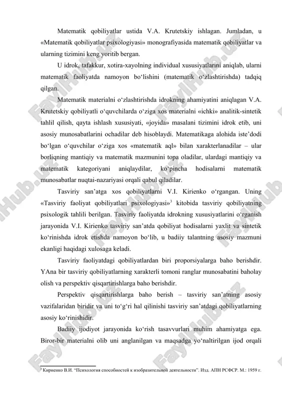 obida tasviriy qobiliyatning psixologik tahlili berilgan. tasviriy faoliyatda idrokning xususiyatlarini o‘rganish jarayonida v.i. kirienko tasviriy san’atda qobiliyat hodisalarni yaxlit va sintetik ko‘rinishda idrok etishda namoyon bo‘lib, u badiiy talantning asosiy mazmuni ekanligi haqidagi xulosaga keladi. tasviriy faoliyatdagi qobiliyatlardan biri proporsiyalarga baho berishdir. yana bir tasviriy qobiliyatlarning xarakterli tomoni ranglar munosabatini baholay olish va perspektiv qisqartirishlarga baho berishdir. perspektiv qisqartirishlarga baho berish – tasviriy san’atning asosiy vazifalaridan biridir va uni to‘g‘ri hal qilinishi tasviriy san’atdagi qobiliyatlarning asosiy ko‘rinishidir. badiiy ijodiyot jarayonida ko‘rish tasavvurlari muhim ahamiyatga ega. biror-bir materialni olib uni anglanilgan va maqsadga yo‘naltirilgan ijod orqali badiiy obraz yuzaga keladi va predmetning o‘ziga xos xususiyatlari namoyon bo‘ladi. a.g. kovalev tasviriy faoliyatda asosiy tayanch sifatida – qo‘llar chaqqonligi deb hisoblaydi. bundan tashqari ijodiy qobiliyatlarning namoyon bo‘lishida ham insonning emotsional kayfiyati muhim ahamiyatga egadir. tashkilotchilik qobiliyatlarni uzoq vaqt l.i. umanskiy o‘rgangan . muallif tashkilotchilik qobiliyatlarining tizimini yaratadi. uning fikricha tashkilotchilik qobiliyatiga ega bo‘lgan …