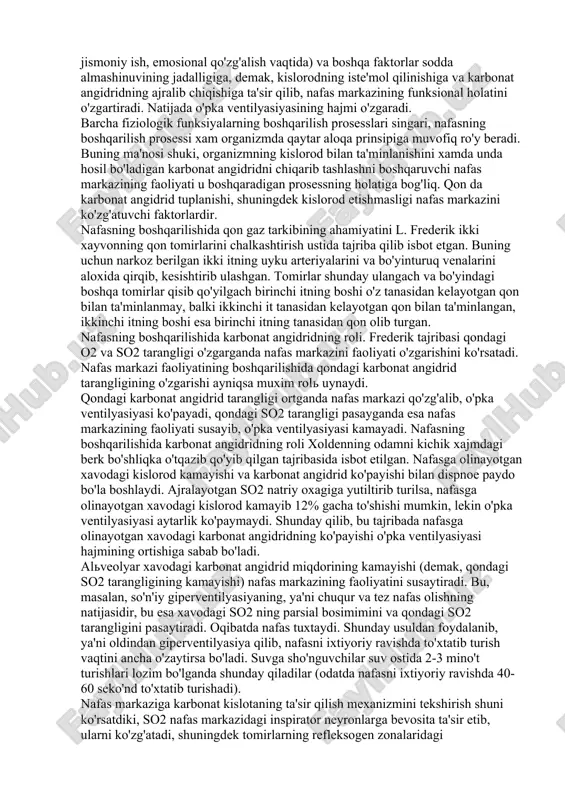 shqarilish prosesslari singari, nafasning boshqarilish prosessi xam organizmda qaytar aloqa prinsipiga muvofiq ro'y beradi. buning ma'nosi shuki, organizmning kislorod bilan ta'minlanishini xamda unda hosil bo'ladigan karbonat angidridni chiqarib tashlashni boshqaruvchi nafas markazining faoliyati u boshqaradigan prosessning holatiga bog'liq. qon da karbonat angidrid tuplanishi, shuningdek kislorod etishmasligi nafas markazini ko'zg'atuvchi faktorlardir. nafasning boshqarilishida qon gaz tarkibining ahamiyatini l. frederik ikki xayvonning qon tomirlarini chalkashtirish ustida tajriba qilib isbot etgan. buning uchun narkoz berilgan ikki itning uyku arteriyalarini va bo'yinturuq venalarini aloxida qirqib, kesishtirib ulashgan. tomirlar shunday ulangach va bo'yindagi boshqa tomirlar qisib qo'yilgach birinchi itning boshi o'z tanasidan kelayotgan qon bilan ta'minlanmay, balki ikkinchi it tanasidan kelayotgan qon bilan ta'minlangan, ikkinchi itning boshi esa birinchi itning tanasidan qon olib turgan. nafasning boshqarilishida karbonat angidridning roli. frederik tajribasi qondagi o2 va so2 tarangligi o'zgarganda nafas markazini faoliyati o'zgarishini ko'rsatadi. nafas markazi faoliyatining boshqarilishida qondagi karbonat angidrid tarangligining o'zgarishi ayniqsa muxim rol uynaydi. …
