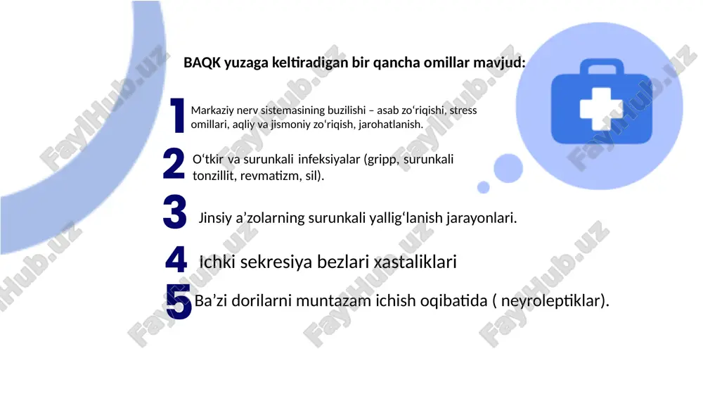 asalan, endonazal elektroforez vitamin v1 bilan yoki elektroforez brom va kalsiy bilan sherbak yoqasi ko‘rinishida qo‘yiladi. bachadon bo‘ynini elektrostimullash usullaridan bachadon-gipofiz refleksini qo‘zg‘atishga yordam beradi. bachadonni qisqartiruvchi vositalarni qo‘llash (oksitotsin va boshqalar), qon to‘xtatuvchi vositalar (trenaksa, vikasol, ditsinon), kamqonlikka qarshi vositalar (gemofer, tardiferon,ferrum–lek tabletkalari), vitaminlar (s,e,v guruxi, duokaps) qo‘llaniladi. o‘simliklardan tayyorlangan mastodinon, remens, persen dorilarini ham tavsiya etish mumkin. davolashning asosini gormonlar yordamida davolash tashkil etadi va u ikki xil xususiyatga ega – gemostatik va tuxumdonlar faoliyatini tartibga solish. umumiy davolashda simptomatik davolash – gormonal gemostaz – yosh qizlarda va tug‘ish yoshidagi ayollarda qon ketishini to‘xtatish maqsadida qo‘llaniladi ( ko‘pincha bachadonni diagnostik qirish usulidan keyin). 1.estrogenlarni qo‘llash. qon to‘xtatish maqsadida follikulyar gormon ishlatilib u bachadon shilliq qavati regeneratsiyasini tezlashtiradi. gipofizda fsgning ortiqcha ishlab chiqarishini kamaytirib, fsg va lglarning o‘zaro munosabatini normallashtiradi. estrogenlar 3-4 kun davomida nisbatan katta dozada beriladi. novinet, logest,janin regulon nomli dorilardan biri har soatda 1 tabletkadan 4-5 …