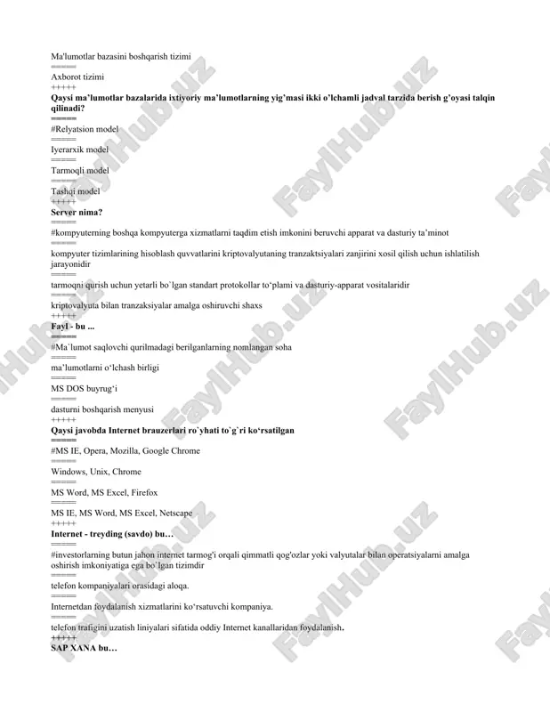 a bulutli hisoblash xizmatlaridan keng omma foydalanish imkoniyatiga ega. c. xususiy korxona tomonidan loyihalashtirilgan va nazorat qilinadigan, o`zida xizmatlar jamlanmasini aks ettiruvchi ko`rinishda birlashtirilgan kompyuter resurslari d. fayllarni qayta ishlsh texnologiyalari. 34.community cloud (jamoaviy bulut) – bu… a. infratuzilmada bulutli hisoblashdan faqatgina tashkilotning alohida bir jamoasi, (bo‘lim) foydalanishi mumkin. b. infratuzilma bulutli hisoblash xizmatlaridan keng omma foydalanish imkoniyatiga ega. c. infratuzilma bulutli hisoblashni tadbiq etishda yagona tashkilot doirasida foydalaniladi. d. fayllarni qayta ishlsh texnologiyalari. 35.public cloud(ommaviy bulut) – bu… a. infratuzilma bulutli hisoblashni tadbiq etishda yagona tashkilot doirasida foydalaniladi. b. fayllarni qayta ishlsh texnologiyalari. c. ko`plab foydalanuvchilar guruhi uchun yaratilgan barchaga mo`ljallangan bulut, uning infratuzilmasi bulut xizmatlarini taqdim qiluvchi provayder tomonidan yaratiladi va xizmat ko`rsatiladi. d. infratuzilmada bulutli hisoblashdan faqatgina tashkilotning alohida bir jamoasi, (bo‘lim) foydalanishi mumkin. 36.gibrid bulut –bu.. a. infratuzilma tarqatish modellarini barchasini o’z ichiga oladi (xususiy, jamoaviy, ommaviy). b. infratuzilma bulutli hisoblashni tadbiq etishda yagona tashkilot doirasida …