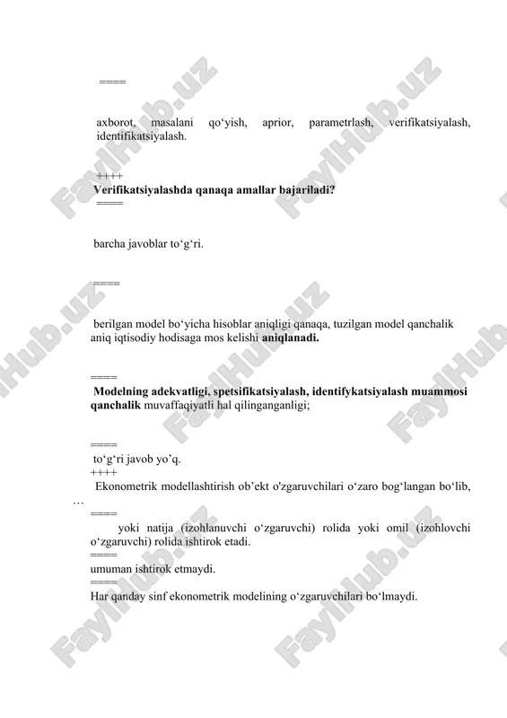 korrelyasiya deganda nima tushuniladi? ==== boshqa omillar qiymati qat’iy belgilangan hollarda natijaviy omil va bitta omil o‘rtasidagi bog‘lanish; ==== natijaviy omil hamda tadqiqotga kiritilgan ikki yoki undan ko‘p omillarning bog‘liqligi; ==== ikkita omil (natijaviy va omillar yoki ikkita omil) o‘rtasidagi bog‘lanish; ==== sifatiy omillar o‘rtasidagi bog‘lanish. ++++ quyidagi qiymatlardan qaysi biri korrelyasiyaning juft koeffitsientini qabul qila olmaydi? ==== 1,111; ==== -0,973; ==== 0,005; ==== 0,721. ++++ korrelyasiya chiziqli koeffitsientining qaysi qiymatida y va x omillar o‘rtasidagi bog‘lanishni jips (kuchli) deb hisoblash mumkin? ==== -0,975; ==== 0,657; ==== -0,111; ==== 0,421. ++++ agar y va x omillar o‘rtasidagi korrelyasiya juft koeffitsienti 1 ga teng bo‘lsa, u nimani anglatadi? ==== to‘g‘ri funksional bog‘lanishning mavjudligi. ==== bog‘lanishning yo‘qligi; ==== teskari korrelyasion bog‘lanishning mavjudligi; ==== teskari funksional bog‘lanishning mavjudligi; ++++ agar y va x omillar o‘rtasidagi korrelyasiya juft koeffitsienti 0,675 qiymatni qabul qilsa, u holda determinatsiya koeffitsienti nimaga teng? ==== 0,456. ==== -0,675; ==== …