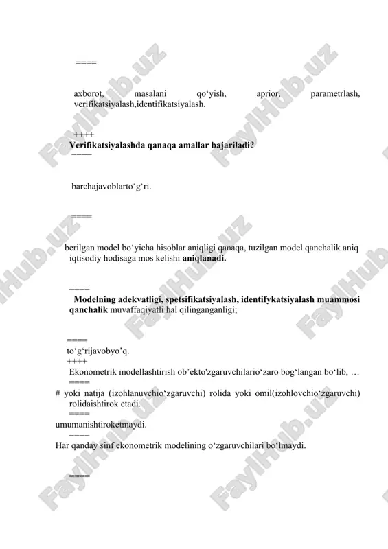 ; ==== natijaviy omil hamda tadqiqotga kiritilgan ikki yoki undan ko‘p omillarning bog‘liqligi; ==== ikkita omil (natijaviy va omillar yoki ikkita omil) o‘rtasidagi bog‘lanish; ==== sifatiy omillar o‘rtasidagi bog‘lanish. ++++ quyidagi qiymatlardan qaysi biri korrelyasiyaning juft koeffitsientini qabul qila olmaydi? ==== # 1,111; ==== -0,973; ==== 0,005; ==== 0,721. ++++ korrelyasiya chiziqli koeffitsientining qaysi qiymatida y va x omillar o‘rtasidagi bog‘lanishni jips (kuchli) deb hisoblash mumkin? ==== -0,975; ==== 0,657; ==== -0,111; ==== 0,421. ++++ agar y va x omillar o‘rtasidagi korrelyasiya juft koeffitsienti 1 ga teng bo‘lsa, u nimani anglatadi? ==== to‘g‘rifunksionalbog‘lanishningmavjudligi. ==== bog‘lanishningyo‘qligi; ==== teskarikorrelyasionbog‘lanishningmavjudligi; ==== teskarifunksionalbog‘lanishningmavjudligi; ++++ agar y va x omillar o‘rtasidagi korrelyasiya juft koeffitsienti 0,675 qiymatni qabul qilsa, u holda determinatsiya koeffitsienti nimaga teng? ==== 0,456. ==== -0,675; ==== 0,576; ==== 0,822; ++++ korrelyatsiyakoeffitsientiningo‘zgarishsohasi ==== -1;+1 ==== +2;-1 ==== 0;+3 ==== +2;-2 ++++ engkichikkvadratlarusuliningmohiyatiminimallashtirishdaniborat: ==== regressiyatenglamasibo'yichatopilgannazariyqiymatlardannatijaviyo'zgaruvchihaqi qiyqiymatlariningog'ishmalarikvadratlariyig'indisi. ==== regressiyatenglamasibo'ichatopilgannatijaviyo'zgaruvchihaqiqiyqiymatlariningnaza riyqiymatlardanog'ishmalaryig'indisi; ==== natijaviyo'zgaruvchidispersiyasi; ==== regressiyatenglamasibo'ichatopilgannatijaviyo'zgaruvchihaqiqiyqiymatlariningnaza riyqiymatlardanog'ishmalariabsolyutyig'indisi; …