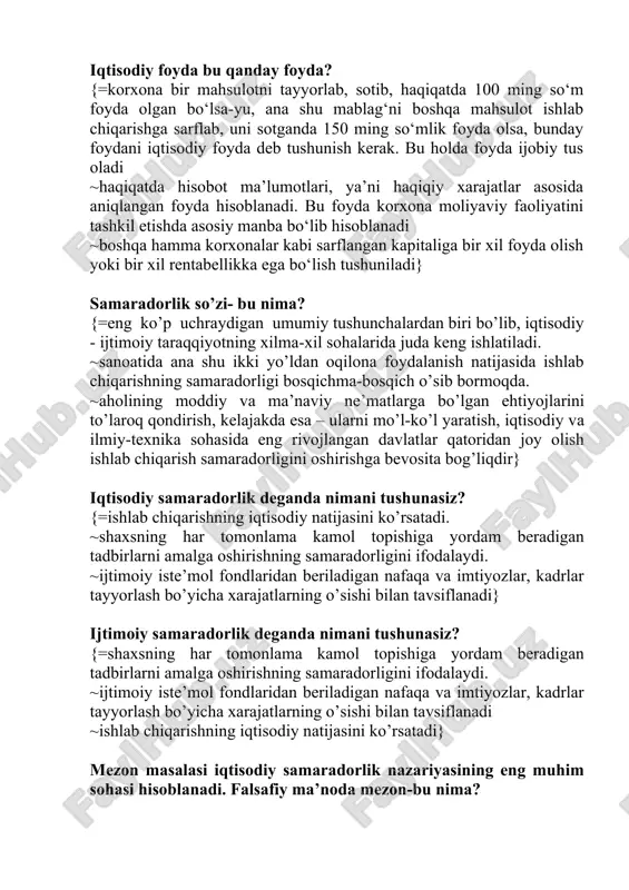 hamma korxonalar kabi sarflangan kapitaliga bir xil foyda olish yoki bir xil rentabellikka ega bo‘lish tushuniladi} samaradorlik so’zi- bu nima? {=eng ko’p uchraydigan umumiy tushunchalardan biri bo’lib, iqtisodiy - ijtimoiy taraqqiyotning xilma-xil sohalarida juda keng ishlatiladi. ~sanoatida ana shu ikki yo’ldan oqilona foydalanish natijasida ishlab chiqarishning samaradorligi bosqichma-bosqich o’sib bormoqda. ~aholining moddiy va ma’naviy ne’matlarga bo’lgan ehtiyojlarini to’laroq qondirish, kelajakda esa – ularni mo’l-ko’l yaratish, iqtisodiy va ilmiy-texnika sohasida eng rivojlangan davlatlar qatoridan joy olish ishlab chiqarish samaradorligini oshirishga bevosita bog’liqdir} iqtisodiy samaradorlik deganda nimani tushunasiz? {=ishlab chiqarishning iqtisodiy natijasini ko’rsatadi. ~shaxsning har tomonlama kamol topishiga yordam beradigan tadbirlarni amalga oshirishning samaradorligini ifodalaydi. ~ijtimoiy iste’mol fondlaridan beriladigan nafaqa va imtiyozlar, kadrlar tayyorlash bo’yicha xarajatlarning o’sishi bilan tavsiflanadi} ijtimoiy samaradorlik deganda nimani tushunasiz? {=shaxsning har tomonlama kamol topishiga yordam beradigan tadbirlarni amalga oshirishning samaradorligini ifodalaydi. ~ijtimoiy iste’mol fondlaridan beriladigan nafaqa va imtiyozlar, kadrlar tayyorlash bo’yicha xarajatlarning o’sishi bilan tavsiflanadi ~ishlab chiqarishning …