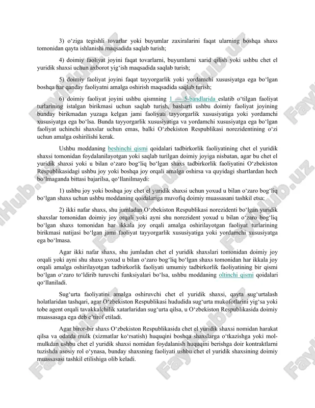 , sex, laboratoriya; 2) tovarni ishlab chiqarish, qayta ishlash, butlash, qadoqlash va o‘rab-joylash amalga oshiriladigan joy; 3) savdo shoxobchasi sifatida foydalaniladigan har qanday joy, shu jumladan ombor; 4) kon (shaxta), neft yoki gaz qudug‘i, karyer yoki tabiiy resurslar qazib olinadigan boshqa har qanday joy; 5) tabiiy resurslarni o‘rganish (qidirish), ishlatish, qazib olish va (yoki) ulardan foydalanish uchun qo‘llaniladigan qurilma yoki inshoot (shu jumladan uni montaj qilish), faqat qurilma yoki inshoot bir yuz sakson uch kundan ortiq muddat mobaynida foydalanilayotgan bo‘lishi yoki foydalanish uchun tayyor bo‘lishi shart; 6) quvur, gaz quvuri bilan bog‘liq faoliyat (shu jumladan nazorat yoki kuzatuv) amalga oshiriladigan har qanday joy; 7) o‘yin avtomatlarini (shu jumladan ularga qo‘shimchalarni), kompyuter tarmoqlari va aloqa kanallarini, attraksionlarni o‘rnatish, sozlash hamda ulardan foydalanish bilan bog‘liq faoliyat amalga oshiriladigan har qanday joy. quyidagilar ham doimiy muassasa deb e’tirof etiladi: 1) qurilish maydoni, qurilish, montaj qilish yoki yig‘ish obyekti yoxud ular bilan bog‘liq kuzatuv …