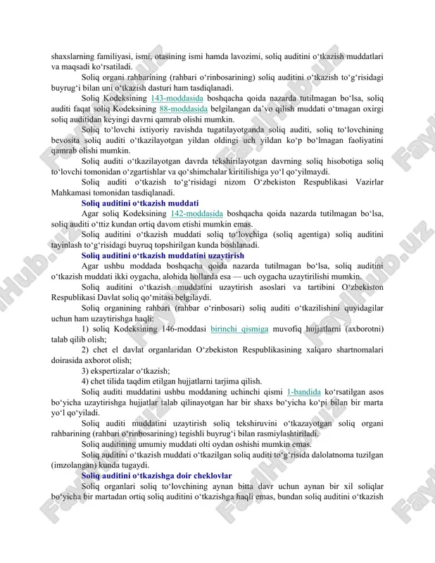 snomalarni taqdim etmasa, yoki u taqdim etgan asosnomalar yetarli emas deb topilsa, soliq organi soliq to‘lovchiga soliq auditini tayinlashga haqli. agar soliq (hisobot) davri uchun soliq monitoringi o‘tkazilayotgan bo‘lsa, bunday davr uchun kameral soliq tekshiruvi o‘tkazilmaydi. mazkur qoida soliq monitoringi muddatidan oldin tugatilganda qo‘llanilmaydi. ushbu moddada nazarda tutilgan qoidalar, agar soliq kodeksida boshqacha qoida nazarda tutilmagan bo‘lsa, zimmasiga soliq hisobotini taqdim etish bo‘yicha majburiyat yuklatilgan soliq agentlarining va boshqa shaxslarning kameral soliq tekshiruvlariga nisbatan ham tatbiq etiladi. qo‘shilgan qiymat solig‘i summasi o‘rnini qoplashga nisbatan kameral soliq tekshiruvi soliq to‘lovchi tomonidan soliq davri uchun soliq hisoboti taqdim etish chog‘ida soliq organlari qo‘shilgan qiymat solig‘ining salbiy summasi o‘rnini qoplash (qaytarish) to‘g‘risida xabardor qilingan kundan e’tiboran o‘ttiz kun ichida soliq organining buyrug‘isiz, o‘zbekiston respublikasi vazirlar mahkamasi tomonidan belgilangan tartibda amalga oshiriladi. qo‘shilgan qiymat solig‘i summasi o‘rnini qoplashga nisbatan kameral soliq tekshiruvi natijalariga ko‘ra soliq hisobotiga o‘zgartishlar kiritish haqidagi talabnoma yozib berilmaydi. qo‘shilgan qiymat …