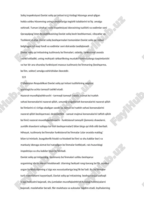 g vakolatlariga tegishli talablarini to’liq amalga oshiradi. tuman (shahar) soliq inspektsiyasi idorasining tuzilishi va xodimlar soni qoraqalpog’iston respublikasining davlat soliq bosh boshkarmasi, viloyatlar va toshkent shahar davlat soliq boshqarmalari tomonidan davlat soliq qo’mitasi belgilagan ish xaqi fondi va xodimlar soni doirasida tasdiqlanadi. davlat soliq qo’mitasining tuzilmaviy bo’linmalari, odatda, funktsional asosda tashkil etiladiki, uning mohiyati rahbarlikning mustakil funktsiyalarga taqsimlanishi va har bir ana shunday funktsiyani maxsus tuzilmaviy bo’linmaning (boshqarma, bo’lim, sektor) amalga oshirishidan iboratdir. 123 o’zbekiston respublikasi davlat soliq qo’mitasi tuzilishining negizini quyidagicha uchta tamoyil tashkil etadi. nazorat-muvofiqlashtiruvchi - tarmoqli tamoyil (savdo, xizmat ko’rsatish sohasi korxonalarini nazorat qilish, umumiy ovqatlanish korxonalarini nazorat qilish bo’limlarini o’z ichiga oladigan savdo va xizmat ko’rsatish sohasi korxonalarini nazorat qilish boshqarmasi; dexkonchilik - sanoat majmui korxonalarini taftish qilish bo’limi) nazorat-muvofiqlashtiruvchi - funktsional tamoyili (jismoniy shaxslarni, yuridik shaxslarni soliqqa tor-tish boshqarmalari) bilan birga qo’shib olib boriladi. nihoyat, tuzilmaviy bo’linmalar funktsional bo’linmalar (ular orasida mablag’ bilan ta’minlash, buxgalterlik …