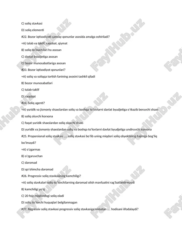 oflilik b) beg’arazlik c) tenglilik d) to’g’ri javob yo’q #36. bozor iqtisodiyoti qaysi qonunlar orqali amalga oshiriladi? +a) talab va taklif, raqobat va qiymat b) soliq va sug’urta qonuniyatlari c) minataqaviy iqtisodiyot d) maxsulot qiymati qonuniyatlari #37. soliqqa oid barcha munosabatlarni qamrab oladigan tizim bu ? +a) soliq tizimi b) sug’urta tizimi c) bozor iqtisodiyoti tizimi d) barcha javoblar to’g’ri #38. soliqni tortish tizimi qaysi munosabatlarni o’z ichiga oladi? +a) soliqlarni undirish buyicha munosabatlarni b) soliqlarni tashkil etish buyicha munosabatlarini c) soliqlarni nazorat qilish munosablatlarini d) barcha javoblar to’g’ri #39. soliq elementlari qatorini ko’rsating +a) soliq sub’yekti, soliq obyekti, soliq predmeti b) soliq tamoyillari c) soliq kategoriyalari d) to’g’ri javob yo’q #40. soliq subyekti nima? +a) soliq to’lash majburiyati yuklagan yuridik va jismoniy shaxslar b) soliqqa tortiladigan bino c) soliqqa tortiladigan foyda va daromad d) barcha javoblar to’g’ri #41. soliq to’lovchilar bular kimlar? +a) yuridik va jismoniy shaxslar b) norezidentlar …