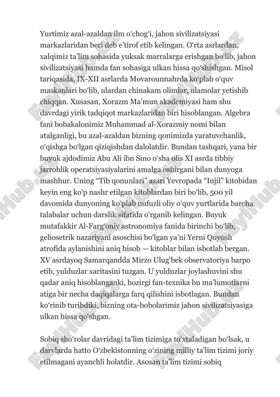 ganilmas, o‘quv dasturida bu fanga ajratilgan soatlarning katta qismi sobiq ittifoq tarixini o‘rganishga bag‘ishlanar edi. o‘quvchilar ongi vatanimiz tarixining noto‘g‘ri talqin qilingan hodisalari bilan to‘ldirilar edi. milliy qadriyat va ma’naviyat toptalar, asl o‘zbek olimlarini va buyuk davlat arboblari, sarkardalari hayot va ijod yo‘llari qoralangan. bunga misol imom buxoriy, imom moturidiy, burhoniddin marg‘inoniy, ahmad yassaviy, jaloliddin manguberdi, amir temur, bahouddin naqshband, abdurauf fitrat, abdulhamid cho‘lpon va hokazolarni keltirish mumkin. mamlakatimiz mustaqillikka erishgandan so‘ng, barcha sohalarda tub islohotlar amalga oshirila boshladi. ayniqsa ta’lim sohasiga katta e’tibor qaratildi. ta’lim-tarbiya tizimi takomillashgani sayin odamlarning ma’naviyati, ongi, tafakkur doirasi shakllanib, yuksalib bordi. ta’lim tizimini har tamonlama, shaklan va mazmunan isloh qilish, yangilash lozim edi. zero, jamiyat yangi shaxsni tarbiyalashni talab etayotgan bir paytda odamlarning ongi, dunyo qarashi, bilim saviyasini o‘zgartirmay, uni zamonaviylashtirmay turib yangi jamiyatni barpo etib bo‘lmasdi. (manba: m.mfa.uz) yurtboshimiz islom karimov mustaqillik yillarida ushbu jihatlarni inobatga olgan holda, odamlarda yangicha, milliy qadriyat va …