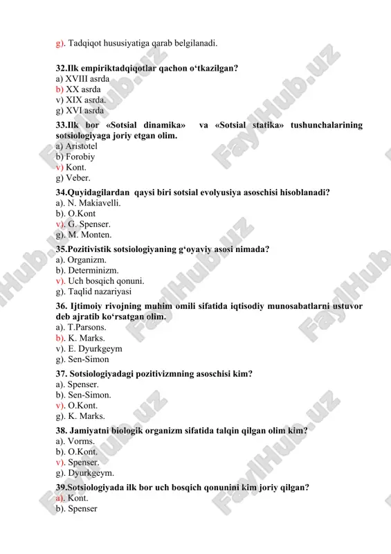 rivojlanishini v)ijtimoiy elementlarning muvozanatini, mavjudlik qonunlarini g) statistik materiallarni 52.sotsial dinamika nimani o‘rganadi? a) jamiyatning o‘sish, o‘zgarish va rivojlanish qonunlarini b) jamiyat faoliyatining qonunlarini v) sotsial qonunlarning o‘zaro aloqasini g) sotsial voqeylikning ustuvor yo‘nalishlarini 53. struktura tushunchasining mazmuni bu ... a). asosiy elementlarning aloqasi va tartibli joylashuvi b). hodisa va predmetlarning mohiyati v). guruhlarning o‘zaro munosabati g). kategoriya va tushunchalarning ishlab chiqilganligi 54.qandaystratifikatsiontizimochiqhisoblanadi? a) kastali b) qatlamli. v)sinfiylik g) totalitar 55. deviant (og‘ishma xulq-atvor) deganda nimani tushunasiz? a) tarkidunyochilik, zohidlik b) daholik v) tabarruk, ilohiylik g)qotillik 56.mentalitet tushunchasi nima? a.) individ yoki ijtimoiy guruhning millatning o‘ziga xos tafakkur tarzi. b). jamiyat a’zolarining ijtimoiy, siyosiy, iqtisodiy hodisalarga bilvosita munosabatlari. v). individ yoki ijtimoiy guruhning xulq-atvori g). shaxsning kasbiy xususiyati 57.begonalashuv nima? a) individ yoki ijtimoiy guruhning ijtimoiy hayotdan ajralib qolishi. b). jamiyat a’zolarida ijtimoiylashuv jarayoning kuchliligi. v). jamiyat a’zolarining bir-biri bilan uzviy aloqador bo‘lishi. g). individning jamiyat hayotidagi faoliyati. 58.vertikal sotsial …