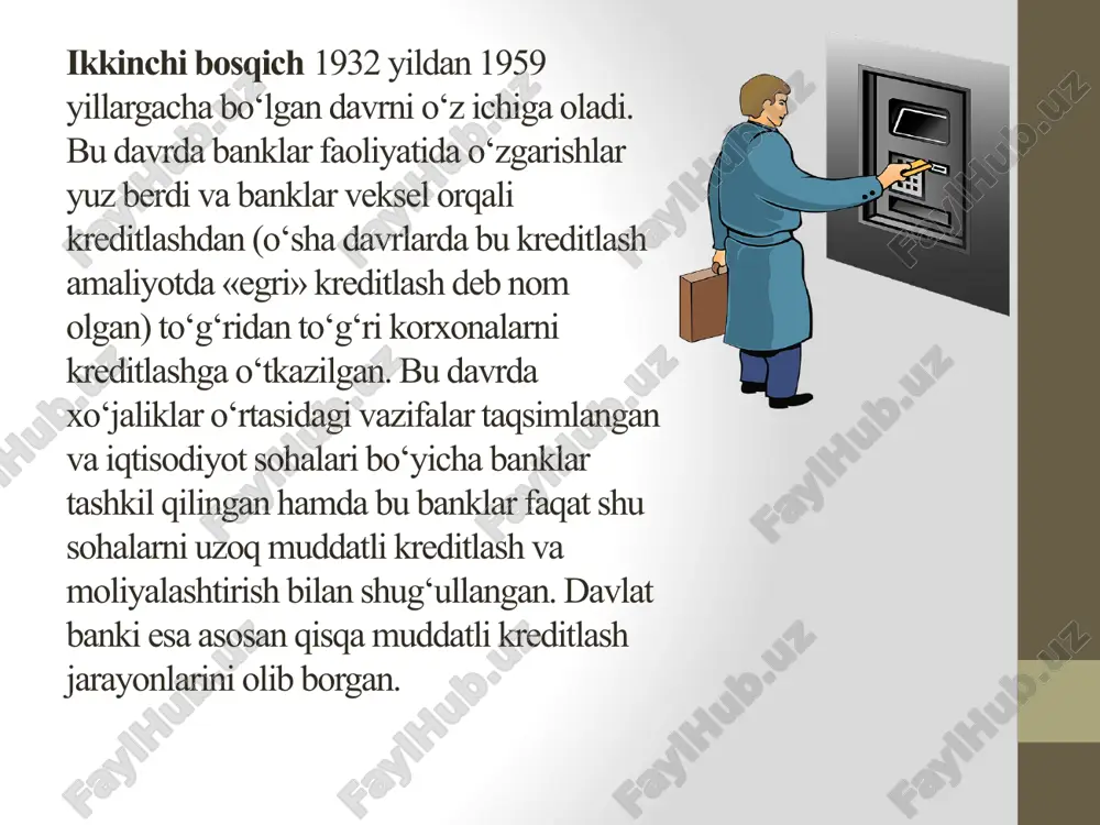 ijobiy ta'sir ko'rsatadi. kredit tufayli pul muomalasi doirasiga veksellar, chek, kredit kartochkalari kabi vositalar kiritilib, naqd pulli hisob-kitoblarni naqd pulsiz operatsiyalar bilan almashtiradi. bu esa ichki va xalqaro bozordagi iqtisodiy munosabatlar mexanizmini osonlashtiradi va tezlashtiradi. fan-texnika taraqqiyotining jadallashuvi ham kredit orqali samarali amalga oshirilishi mumkin urushdan keyingi yillarda fan-texnika taraqqiyoti har bir mamlaka, yoki alohida xo'jalik yurituvchi subyekt iqtisodiy rivojining hal qiluvchi omiliga aylangan. kreditning fan texnib taraqqiyotini jadallashtlfishdagi rolini fan-texnika bilan shug'ullanuvchi tashkilotlarning faoliyatini moliyalashtirishda kredit resurslari ishlatilishi mumkin. iimiy tadqiqot ishlarini olib boruvchi markazlarning normal ishlab turishini ta'minlash uchun ham, ular faoliyatini moliyalashtirishda kredit resurslari ishlatilishi mumkin. shuningdek, kredit innavatsion jarayonlarda ishlab chiqarishga ilmiy tadqiqot natijalarini joriy qilish va ishalab chiqarish texnologiyasini o'zgartirish jarayonlarini amalga oshirish uchun zarur. image2.png image3.png image4.png image5.png image6.png image7.png image8.png image9.png image10.png image11.png /docprops/thumbnail.jpeg