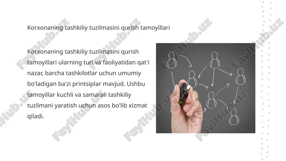 alarni boshqarish modelining afzalliklari : matritsalarni boshqarish modelining kamchiliklari : bo'limlar o'rtasidagi hamkorlik va o'zaro hamkorlikni ta'minlash; xodimlar o'rtasida yangi ko'nikma va qobiliyatlarni rivojlantirish. barcha menejerlarning harakatlarida mumkin bo'lgan qarama-qarshiliklar va nomuvofiqliklar; qaror qabul qilishda uzoq muzokaralar. dizayn tashkiliy tuzilmasi dizayn bunda jamoalar muayyan loyiha ustida ishlashadi.ushbu tuzilmada loyiha menejeri qaror qabul qilivchi hisoblanadi va jamoa a'zolari unga hisobot berishadi. bu tashkiliy tuzilmani afzalliklari: ixtitsoslashgan guruhlar yaxshi natijalarga erishishlari mumkin; resusrlar loyiha faoliyati uchun mo'ljallangan; dizayn tashkiliy tuzilmasi kamchiliklari: ishni tugatgandan keyin jamoa tomonidan loyihani rivojlanishiga qiziqish yo'qolishi; xato qilish xavfi yuqori ekanligi; korxona tashkiliy tuzilmasini ishlab chiqish talablari: aniqlik tejamkorlik natijaga yo'naltirilganlik vazifani aniqligi barqarorlik moslashuvchanlik yangilanib turishlik tashkiliy tuzilmalarni shakllantirishga yondashuvlar tashkiliy boshqaruv tuzilmasini shakllantirishda uch xil yondashuv mavjud: mexanik . mexanik tashkiliy tuzilma eng keng tarqalgan biznes tuzilmasi bo'lib, odatda ishlab chiqarish muhitida qo'llaniladi. ushbu turdagi tashkilotda xodimlar buyruq zanjiri bo'yicha o'tkaziladigan vazifalari bo'yicha alohida ishlaydi. kompaniya …