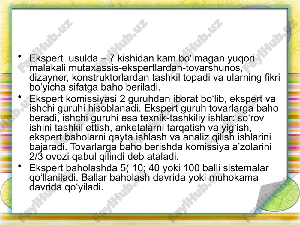kerak. bizni yurtimizda mahsulot sifatini boshqarishning yagona davlat tizimi sistemasi bor. bunday sistema oziq-ovqat soxasida 1975 yildan boshlab ishlay boshlagan. uning asosiy maqsadi kam mablag‘ sarf qilgan xolda yuqori sifatli mahsulot ishlab chiqarishdir. bunday maqsad faqat ilm-fan, texnika yutuqlarini ilg‘or tajribani ishlab-chiqarishga keng va izchil joriy qilishidagina amalga oshirishi mumkin. yuqoridagi sistema-davlat standarti asosida mahsulot ishlab chiqarishga asoslangan. mahsulotni sifatini boshqarishning yagona davlat sistemasi keng assortimentli yangi mahsulotni ishlab chiqishga va o‘zlashtirishga mo‘ljallangan. bu sistema vazirlar mahkamasi tomonidan amalga oshiriladi. mahsulot sifatini boshqarishni yagona davlat sistemasi vazifalari mahsulotni iste’mol va texnik darajasi to‘g‘risida ma’lumot berish ishlab chiqarilayotgan mahsulot sifatini oshirish mahsulot sifat darajasini baholash yangi xil mahsulotni ishlab- chiqish va ta’minoti mahsulotni texnologiyasini tayyorlash material-texnik ta’minoti metrologik ta’minot kadrlarni tanlash va tayyorlash doimiy bir xillikni ta’minlash (uroven) tashish, saqlash, ta’minlash soha tekshiruvini ta’minlash sifatni rag‘batlashtirish obrazets teksta vtoroy uroven tretiy uroven chetvertiy uroven pyatiy uroven adabiyotlar: 1.agbash. v.l. tovarovedenie neprodovolstvennix …