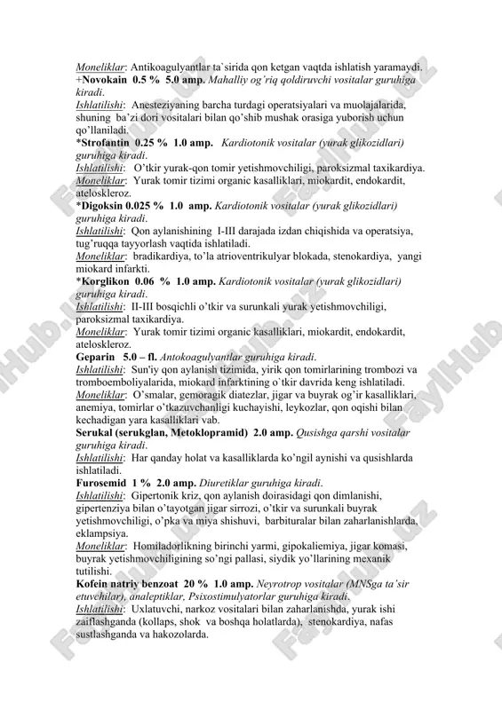 n, narkotiklarning salbiy oqibatini oldini olish uchun ishlatiladi. moneliklar: glakuoma, shunungdek taxikardiyaga sababchi bo’lishi mumkin. +platifillin 0.2 % 1.0 (0.005 g tabletka) amp. m – xolinoblokatorlar, spazmolitiklar guruhiga kiradi. ishlatilishi: stenokardiya, bosh miya tomirlari spazmlari, me’da –ichak yara kasalligi sanchig’ida, bronxial astma, qorin bo’shlig’i organlari silliq mushaklari spazmlari, gipertoniya va b. moneliklar: glakuoma, jigar va buyraklar4ning organic kasalliklari. no-shpa (drotaverin, no-xsha, no-shbra) 2.0 amp, ( 0.04 g tabletka). miotrop gipotensiv vositalar, spazmolitiklar, m – xolinolitiklar (izoxinilon unumlari) guruhiga kiradi. ishlatilishi: ichki organlari spazmlari, o’t-tosh va siydik-tosh kasalliklari, stenokardiya, silliq mushaklari bilan bog’liq qabziyatlarida ishlatiladi. +lidokain 10 % 5.0/2.0 amp. mahalliy og’riqsizlantiruvchi vositalar guruhiga kiradi. ishlatilishi: miokard infarktining o’tkir davridagi qorinchalar ekstrasistoliyalari, aritmiyalar, angishvonagul preparatlaridan paydo bo’ladigan ekstrasistoliyalar, mahalliy og’riqsizlantirish uchun tibbiyotning turli sohalarida ishlatiladi. moneliklar: jigar funksiyasining og’ir izdan chiqishi. kordiamin 25 % 2.0/1.0 amp. analeptiklar guruhiga kiradi. ishlatilishi: yurak faoliyatining buzilishi, infeksion kasalliklar va tuzalish davrida, shoklar, zaharlanish vaqtida …