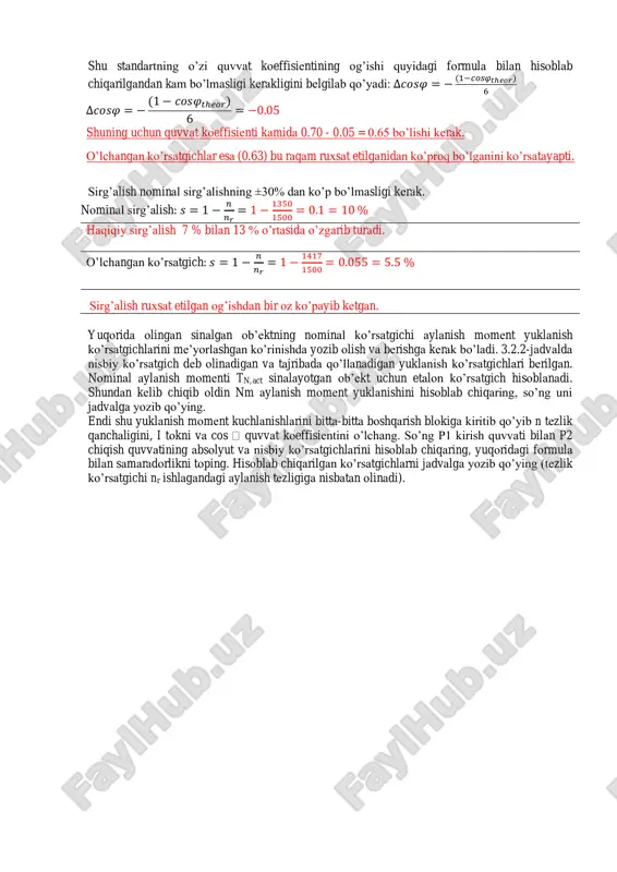 ar bilan diagramma tuzing. 3-rasm. 2-jadval «uchburchak zanjirga ulangan, faza rotorli asinxron dvigatelga yuk tushishi»ning chizmada ko’rsatilishi. n / nr i / in, act cos 𝛗 p1 / p2, n p2 / p2, n 𝜼 dvigatel samaradorligini bilish va xususiyatlarini yozib qo’yish uchun yana bir marta o’lchov oling, faqat bu safar dvigatel yulduz zanjirga ulanadi. tajriba o’tkaziladigan jihozni o’zgartirmasligingiz mumkin, faqat sinaladigan ob’ektni uchburchak zanjirdan yulduz zanjirga o’tkazib qo’yasiz. yulduz zanjirga ulangan mashina nominal ishlash nuqtasida yorlig’ida ko’rsatilgan nominal quvvatning uchdan bir qisminigina beradi. agar nominal tezlik oldindan uchburchak zanjirdagidek bo’lishi belgilab qo’yilgan bo’lsa chiqayotgan aylanish momenti ham boshlang’ich ko’rsatgichining uchdan biriga tushadi. mashina yorlig’idagi nominal ko’rsatgichlarni olib shu aylanish momentini chiqaring: 𝑇𝑁,𝑠𝑡𝑎𝑟 = 1 3 ∙ 𝑇𝑁,𝑑𝑒𝑙𝑡𝑎 = 0.64 𝑁𝑚 mashina yuksiz tezlashsin, so’ng boshqarish blokida aylanish moment yuklanishini belgilab qo’ying («aylanish momentini nazorat qilish» holatida bajariladi) va tezlikni o’lchang. natija: n = 1413 ayl/daqiqa. aylanish moment bilan tezlikdan …