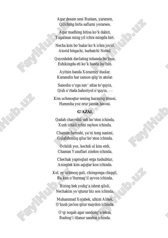ng ko’nglidin may yur g’amni. kim oshti ko’kka ohim ihtiroqi, kuyurdi ko’nglumi dilbar firoqi. saburdin yaxshi yo’qtur pesha qilsam, bu yo’lda sabr yo’q andesha qilsam. uchinchi nomasin aytur ayo xurshidtek olam charog’i, munavvar chehrangiz firdavs bog’i. qamuq ko’rkluklar uzra podshosen, masih anfosliq yusufliqosen. ochilsa la’lingiz shakkar sochilur, ko’rib gulg’unchaning og’zi ochilur. bo’yingtek sarv yo’q bo’ston ichinda, yuzung nuridin oy nuqson ichinda. jahon bo’ldi jamolingdin munavvar, zihi husn-u jamol allohu akbar. qilur zulfing qamuq olamni shaydo, bo’lur jodu ko’zungdin fitna paydo. yarar ming jon bir ishkoling fidosi, ko’zum mardumi xolingning fidosi. seni ko’rgan o’zindin yot bo’lur, ruxungni ko’rsa ming shah mot bo’lur. iki zulfing ko’ngullarning panohi, eshiking tuprog’i jon sajdagohi. raqibingdur tikan, siz toza gulsiz, chechak chimgon aro bo’lmas tikansiz. shakardin totli so’zli dilrabosen, dareg’okim, chechaktek bevafosen. sening yoding qilurmen ko’p g’azalda, ¬kim erdim onung’a oshiq azalda. manga haddin oshirma bu jafoni, ko’zingdin solma bu miskin gadoni. eshitkil bu g’azalda ishlaridin, …