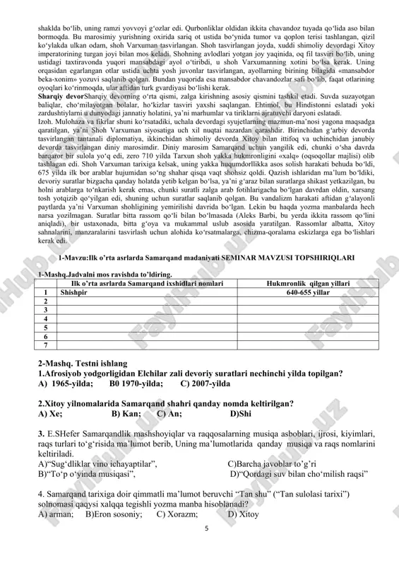 boshligʻiga oʻxshatish mumkin. oʻngroqda oddiy kiyingan, jismonan mugʻullarga mansub kishilar turibdi. bu yerda uch kishi tasvirlangan boʻlib, ular yoqaga biriktirib tikiladigan qaytarma qalpoqsimon ustki kiyimda boʻlib, oyoqlarida uzun paypoq etiklar kiygan, aftidan bu odamlar togʻli xonliklar elchilari boʻlgan (hozirgi davrda bu tasvirlar arang koʻrinadi). bularning orqasidan sochlarida patlar bogʻlangan ikki kishi turibdi. bu bosh kiyimi, 699 yilda xitoy tan imperiyasi tarqibidagi birlashtirgan koguryo shohligiga mansub koreyslarga oiddir. bu tasvirlardan yuqori qismida devor buzilgan boʻlib, hozirgi vaqtda u yerda nima tasvirlangani noma’lum. shimoliy devor. oʻng tomondan boshlanadigan shimoliy devorning kompozitsiyalari esa boshqa olamga chorlaydi. biz goʻyoki samarqandda emas, xitoydamiz. chap tomonda ikkita sayr qayiqlarida ayollar tasvirlangan, birinchisi yaxshi saqlangan. qayiqning quyruq tomonida musiqachilar turli musiqa asboblar bilan tasvirlangan, boshqalariga qaraganda yirikroq tasvirlangan ayol-xonzoda (kirolicha) boʻlgan. oldinda esa boshqa sahna koʻrinadi: ya’ni xizmatkor ayol boshqasining qoʻlidan tutib, yarashmoqchi boʻlyapti va xonzodaga ishora qilyapti, u esa ikkalasini tinchlantirib, yarashtirib qoʻymoqda. marko polo davrida …