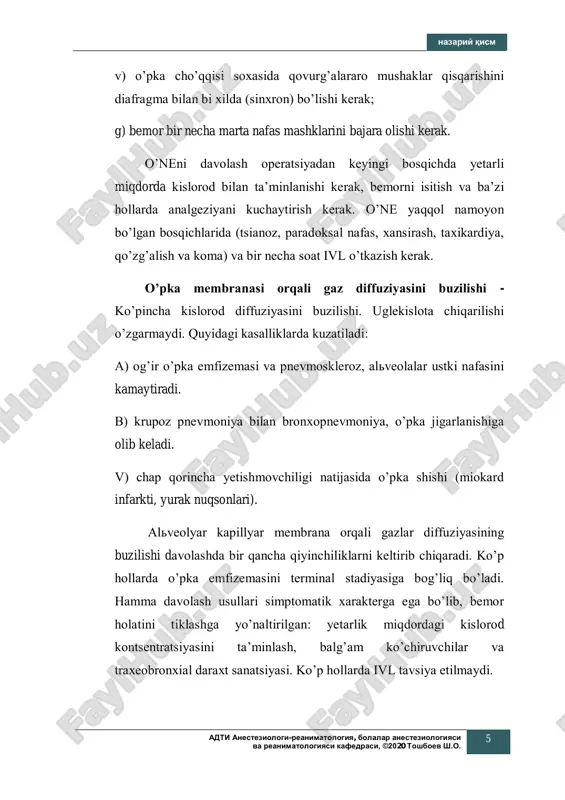 islorod kontsentratsiyasini taʼminlash, balgʼam koʼchiruvchilar va traxeobronxial daraxt sanatsiyasi. koʼp hollarda ivl tavsiya etilmaydi. nazariy qism adti anesteziologi-reanimatologiya, bolalar anesteziologiyasi va reanimatologiyasi kafedrasi, ©2020 toshboev sh.o. 6 oʼpka parenximasini yalligʼlanishi (krupoz pnevmoniya, bronxopnevmoniya) oʼneni har xil darajalariga olib keladi. inson organizmining kompensator mexanizmlari 1/2 xattoki 2/3 oʼpka satxida ham yomon oqibatlarga olib kelmaydi. oʼneni patogenezida asosiy rolni krupoz pnevmoniya, intoksikatsiya va yurak yetishmovchiligi oʼynaydi. oʼneni ogʼir hollarida rivojlanib boruvchi gipoksiya bilan xarakterlanadi. bemor tez-tez xansiraydi, sianoz kuzatiladi, bezovtalanish yoki koma, taxikardiya, gipertoniya, gipotoniya, nafas yoʼllaridagi katta miqdordagi balgʼam. anʼanaviy davolash antibiotiklar, sulfanilamid preparatlar, yurak moddalari va bankalar qoʼyishdan tashqari tuzli eritmalar, glbkoza, dekstranlar bilan detoksikatsion infuzion terapiya, shuningdek narkoz apparatining niqobi orqali kerakli kislorod miqdorini berish koʼrsatilgan. gipoksiya (ro2 70 mm sim ustdan past) va giperkapniya (rso2 50 mm sim ustdan yuqori) kuchayganda traxeostomiya va ivlni statsionar apparati bilan oʼtkazish tavsiya etilgan. oʼne oʼpka shishi natijasida kelib chiqqanda (masalan, miokard …